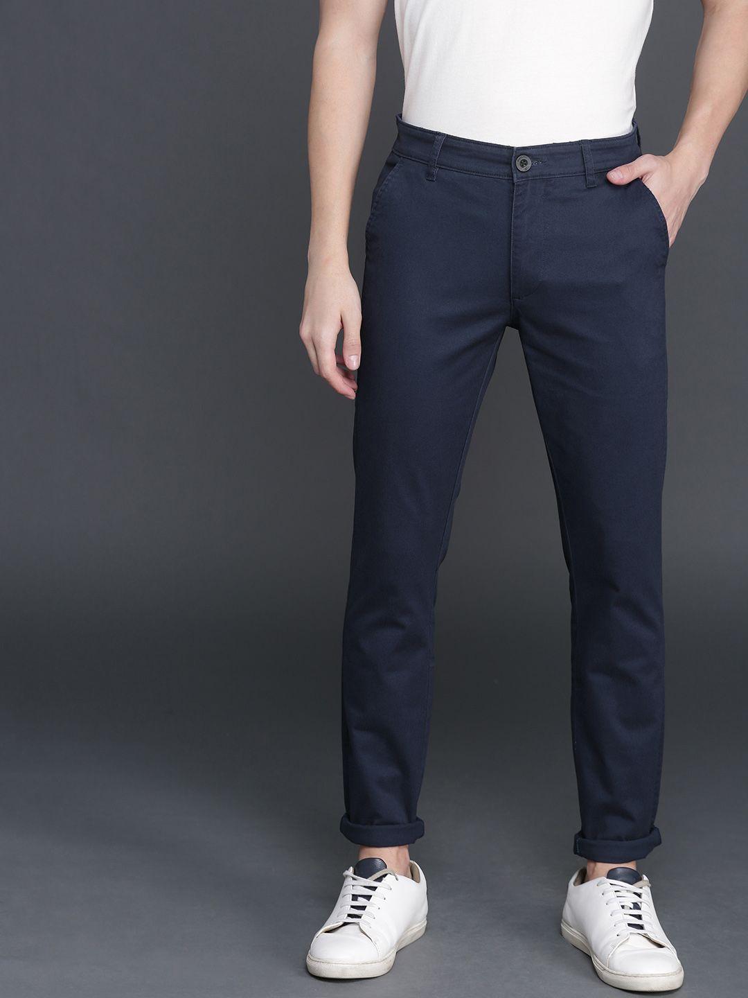 wrogn men navy blue slim fit chinos