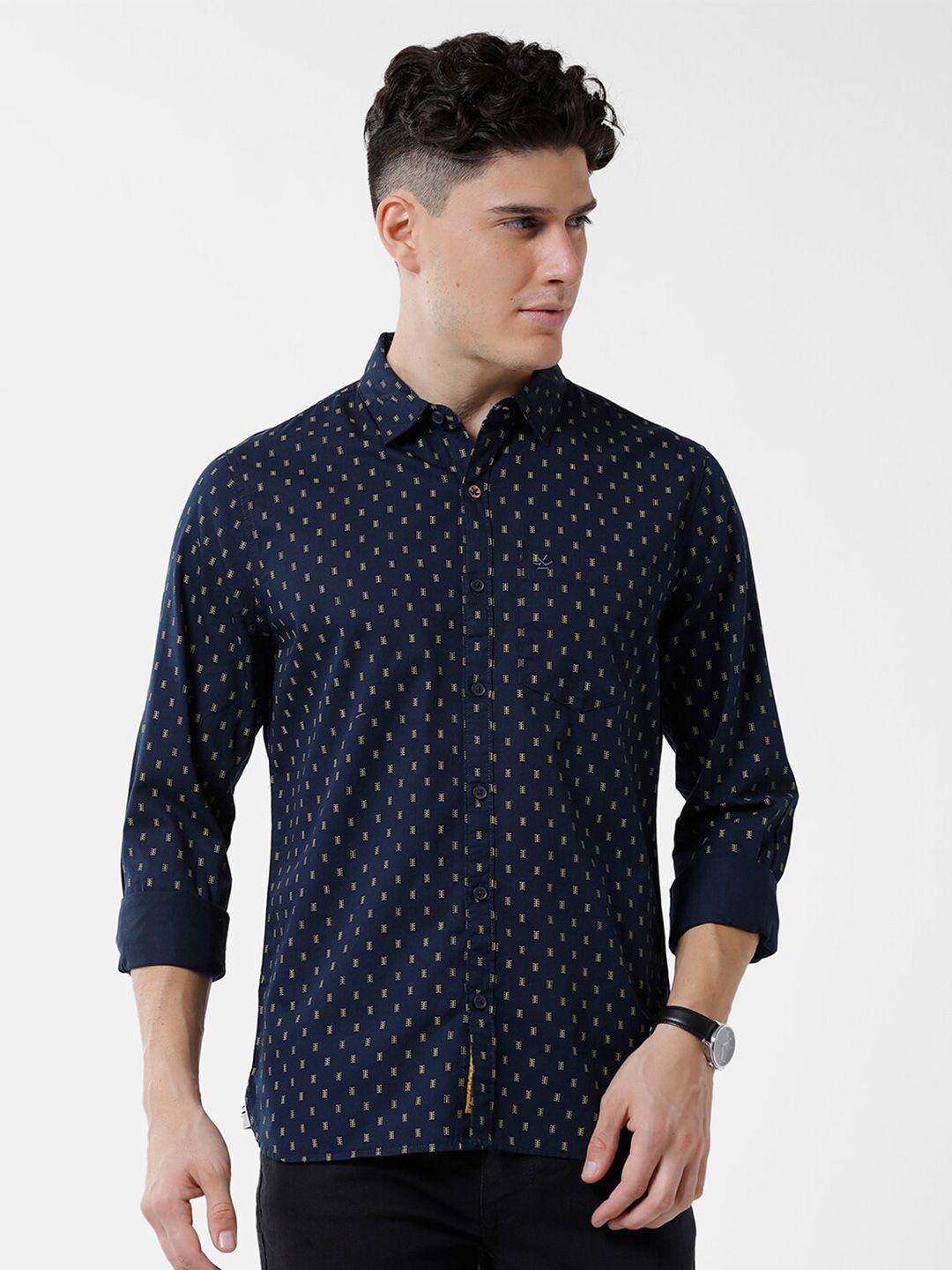 wrogn men navy blue slim fit printed casual shirt