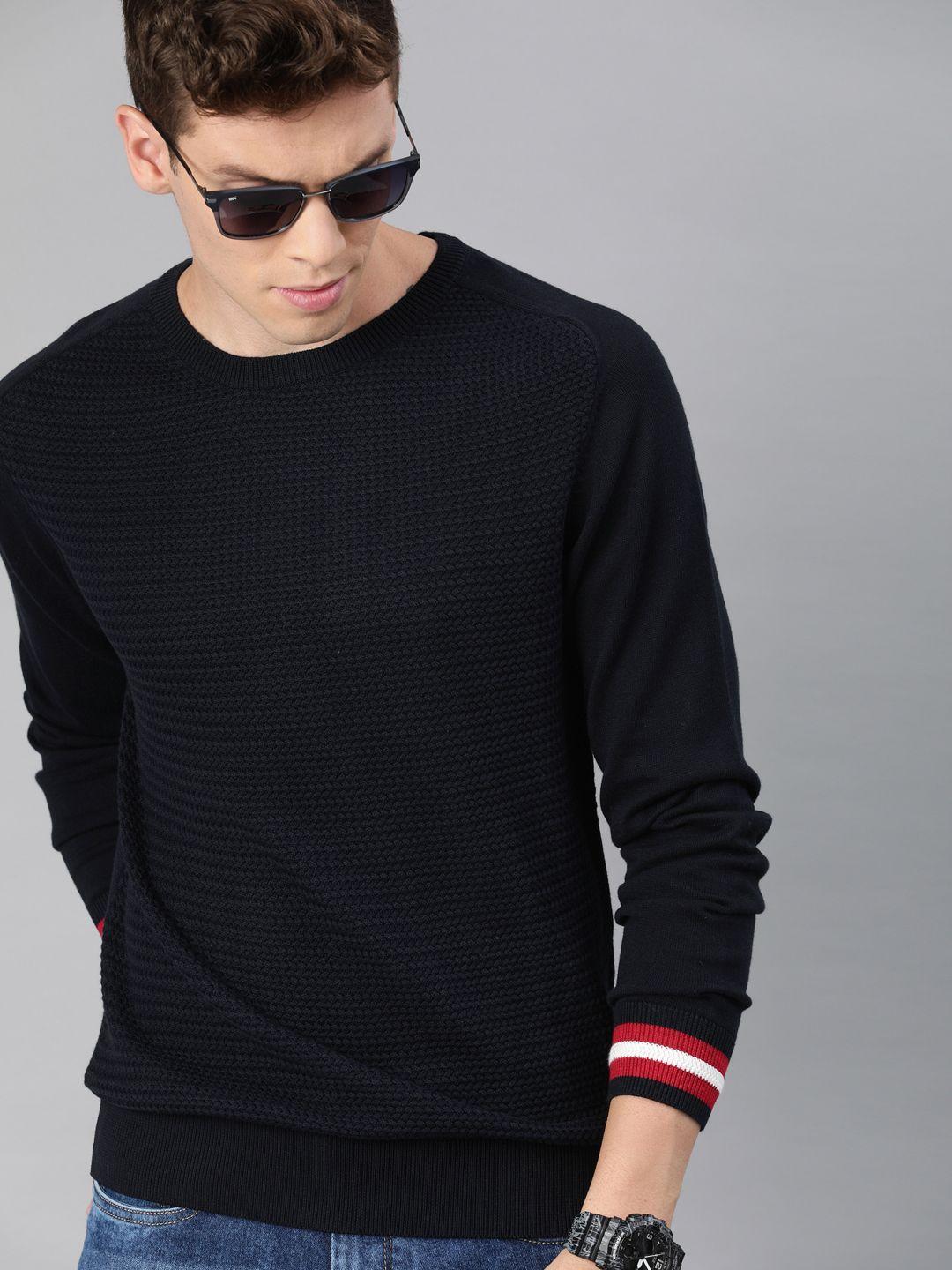 wrogn men navy blue slim fit self design pullover sweater