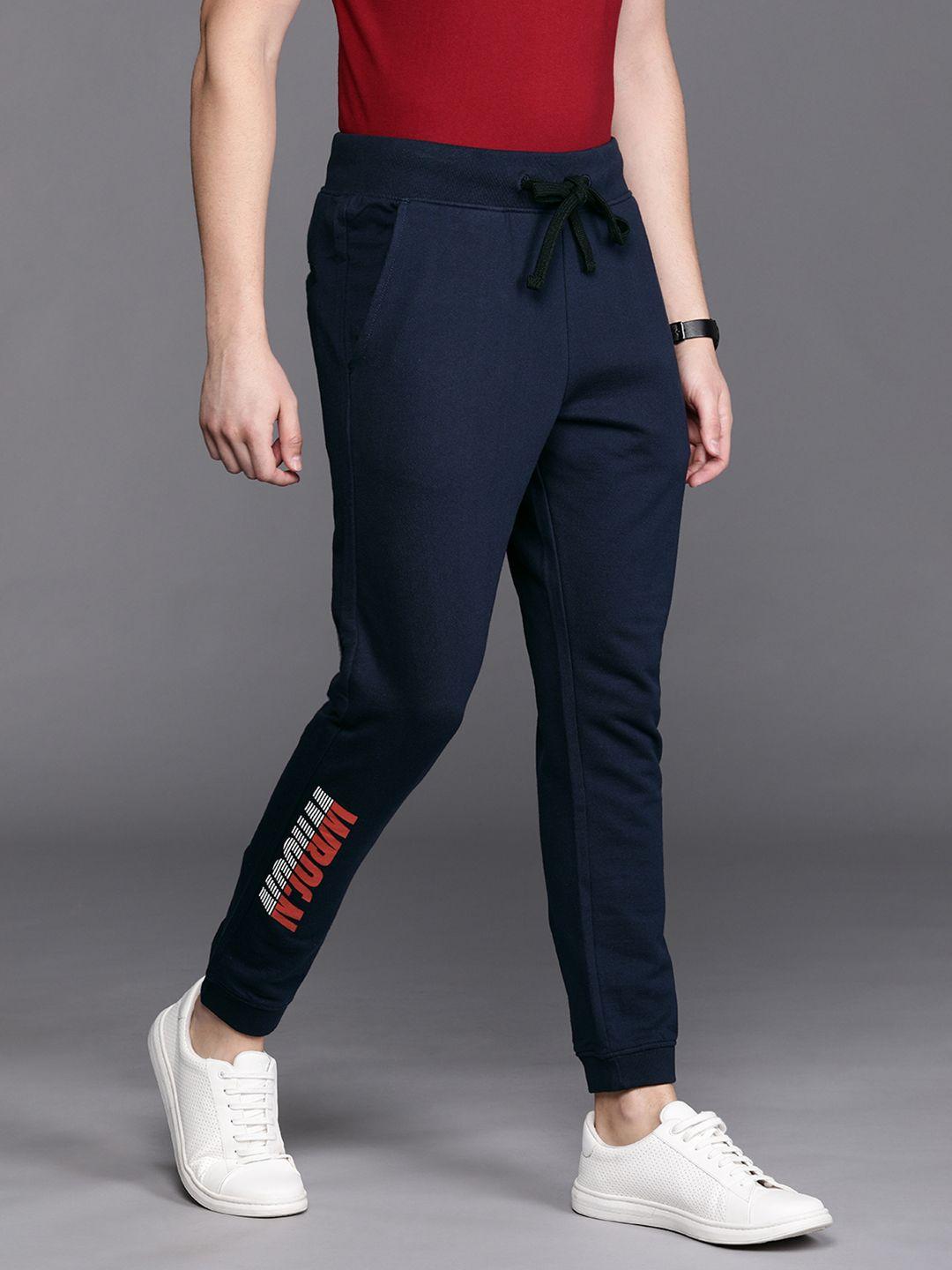 wrogn men navy blue slim fit solid joggers with printed detailing