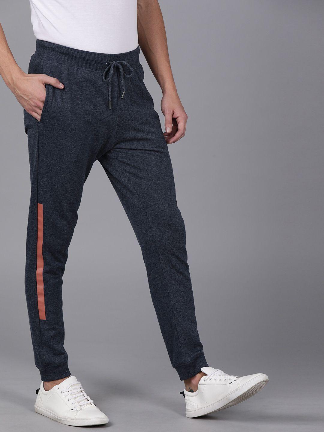 wrogn men navy blue slim fit solid joggers with side stripes