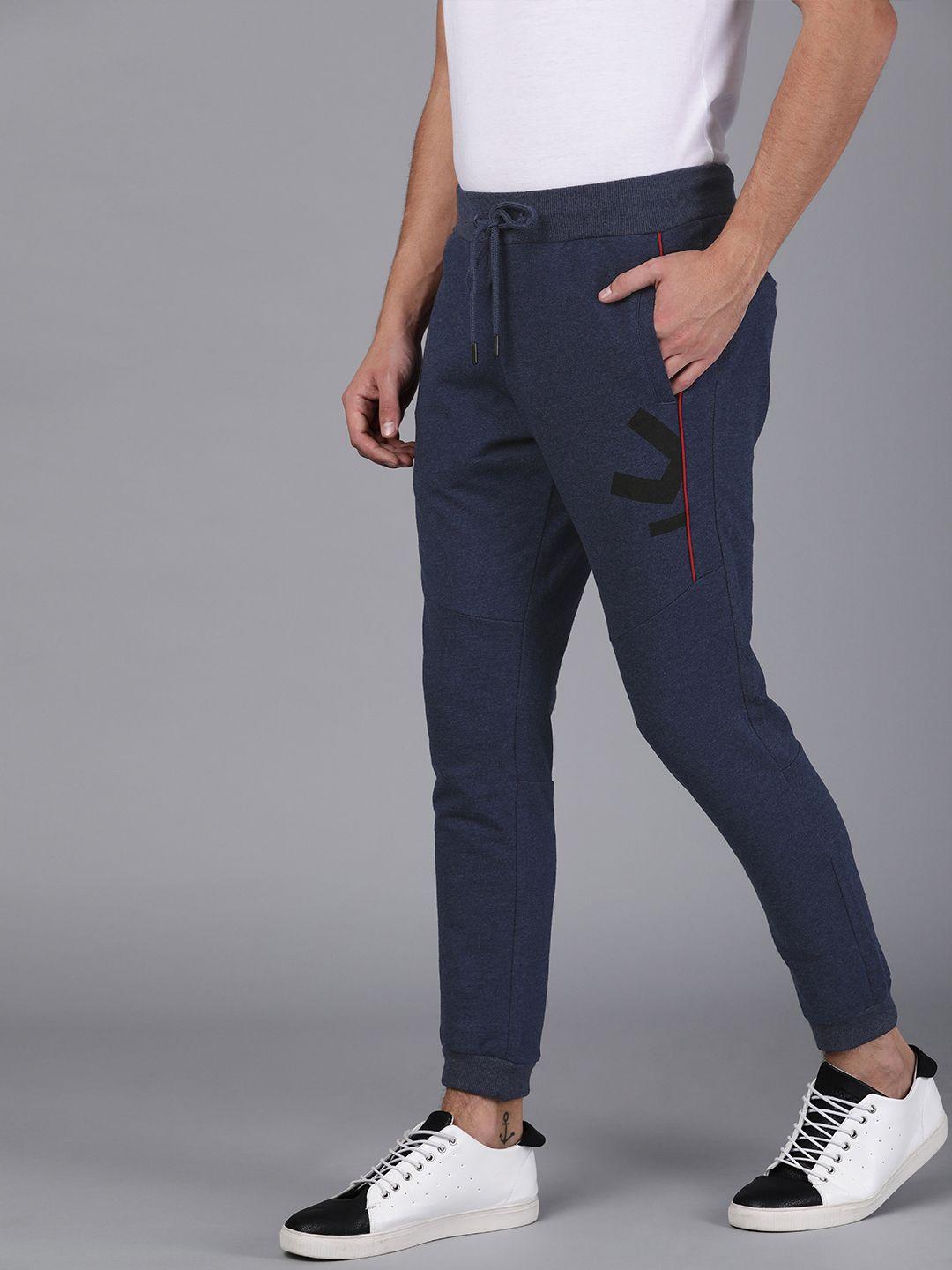 wrogn men navy blue slim fit solid joggers