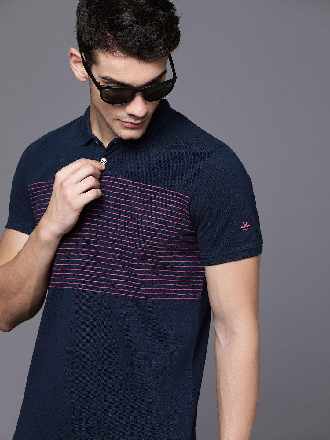 wrogn men navy blue slim fit striped polo collar pure cotton t-shirt