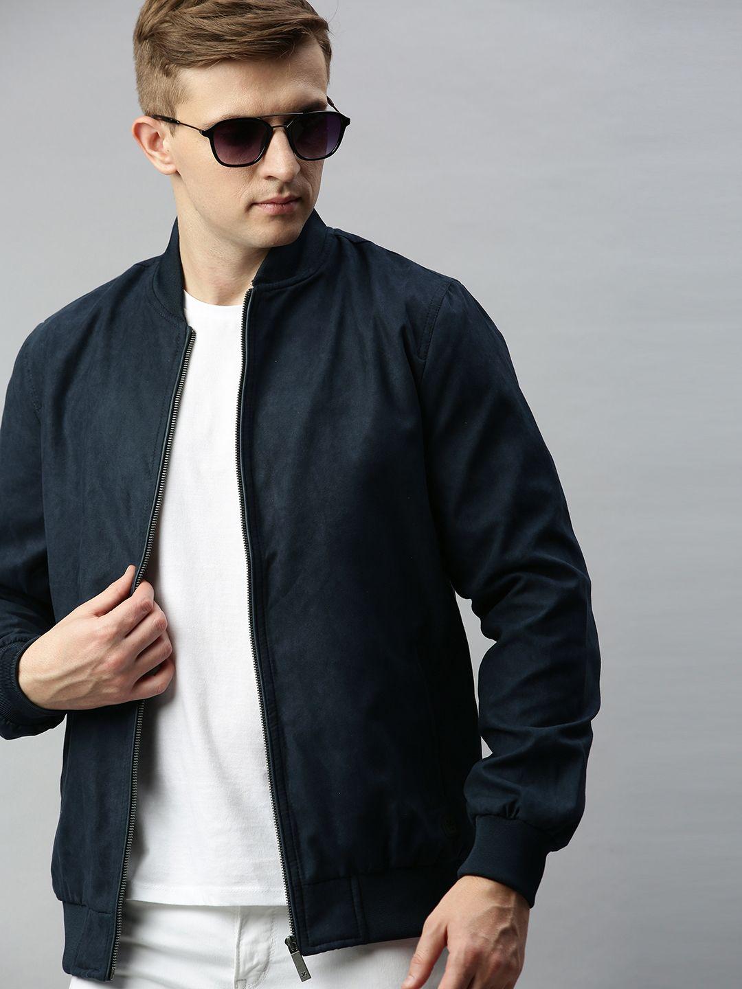 wrogn men navy blue solid bomber jacket