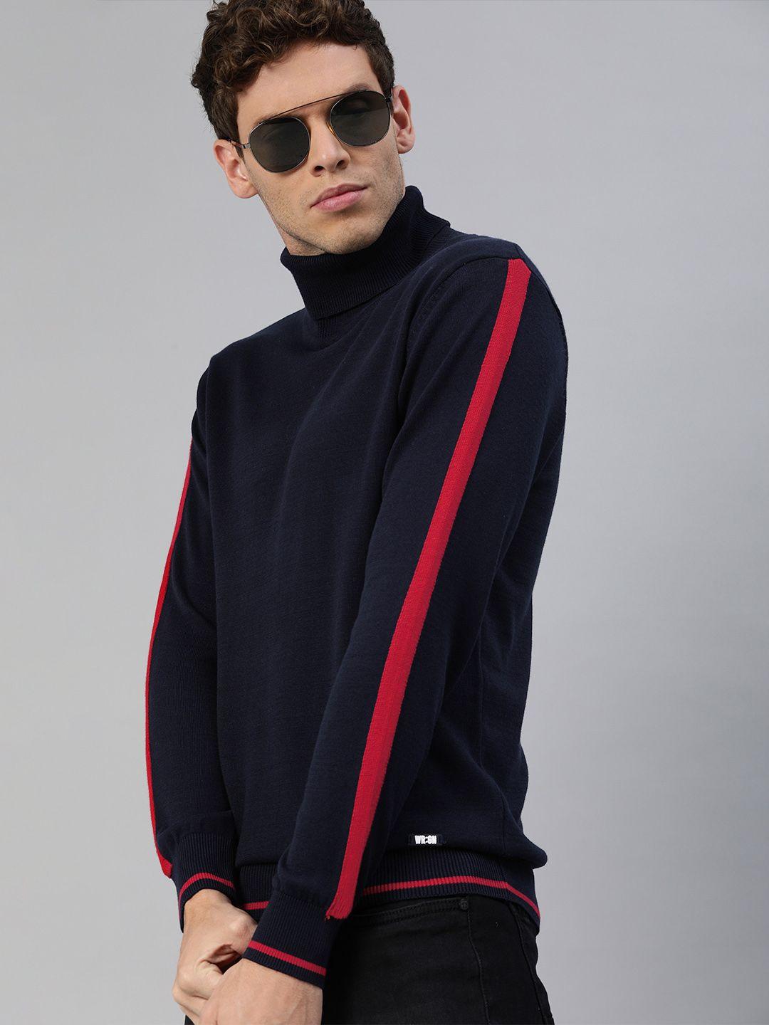 wrogn men navy blue solid pullover sweater with stripe detail