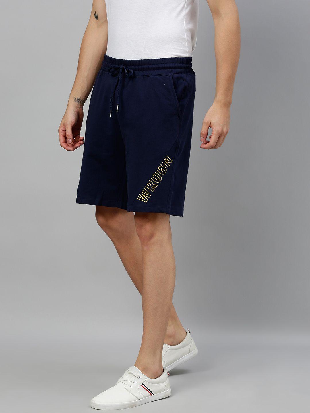 wrogn men navy blue solid regular fit regular shorts