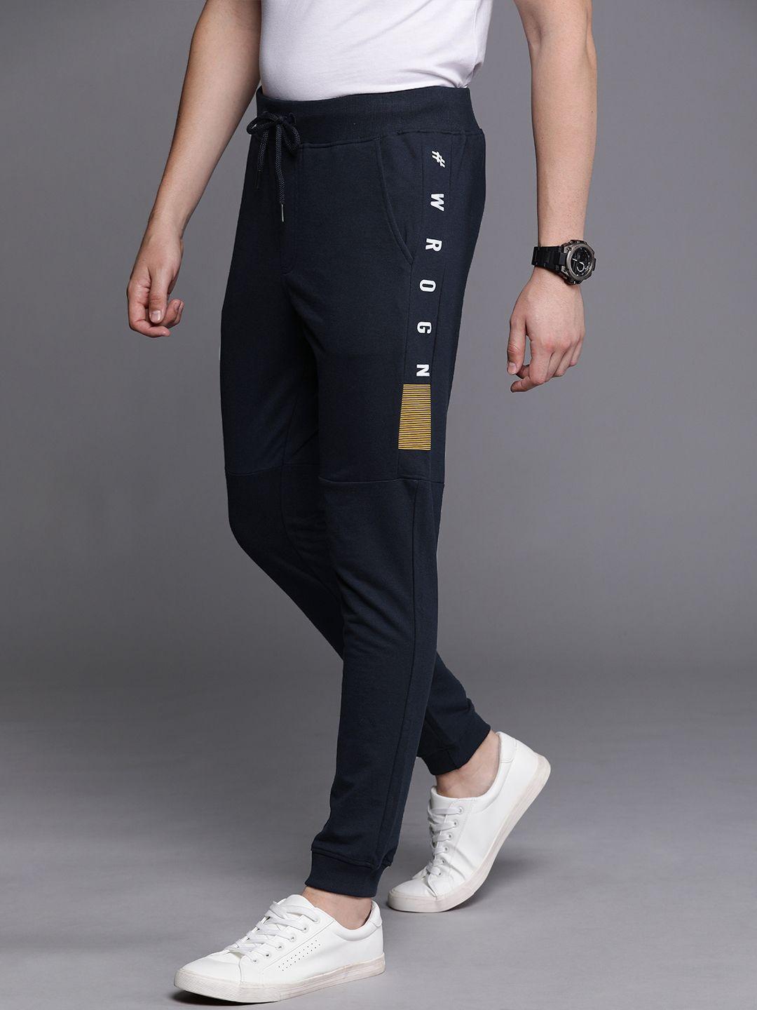 wrogn men navy blue solid slim fit joggers with printed detail