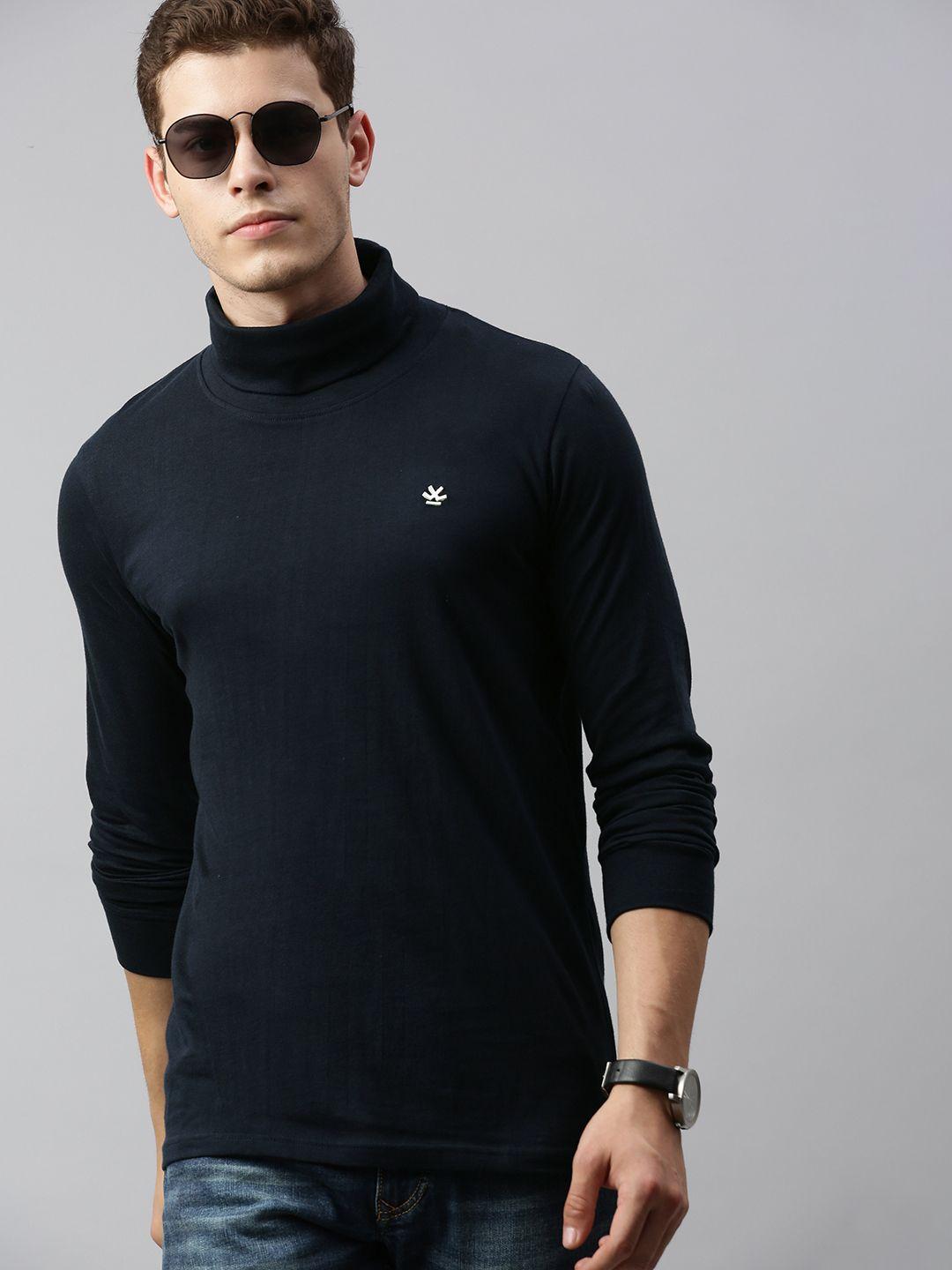 wrogn men navy blue solid slim fit turtle neck pure cotton t-shirt