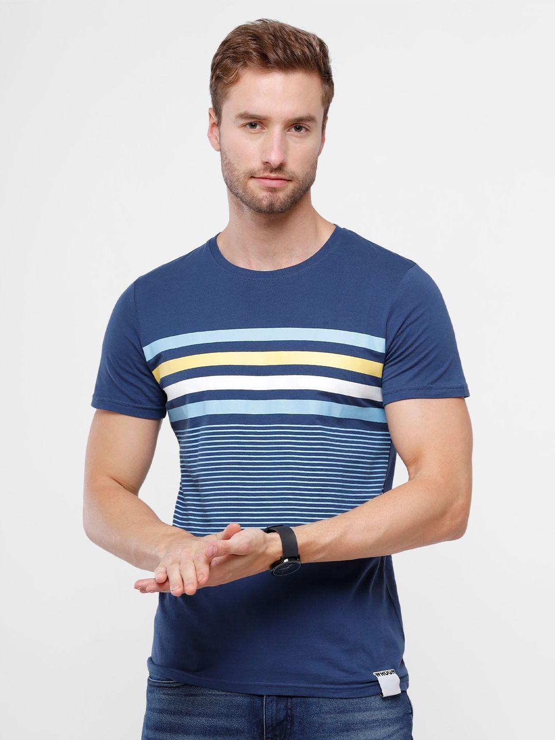 wrogn men navy blue striped pure cotton slim fit t-shirt