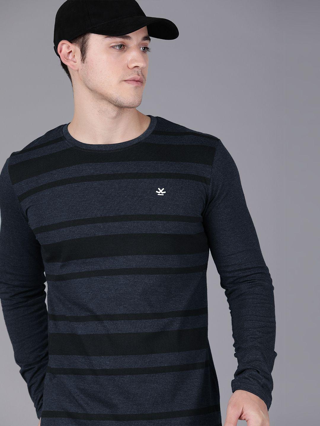 wrogn men navy blue striped round neck t-shirt