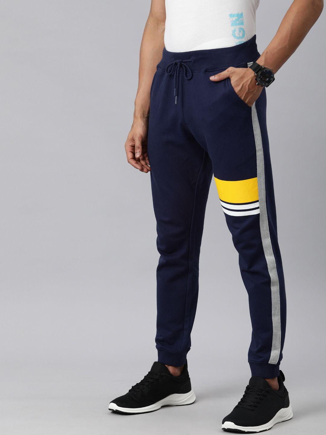 wrogn men navy blue striped slim fit side striped joggers