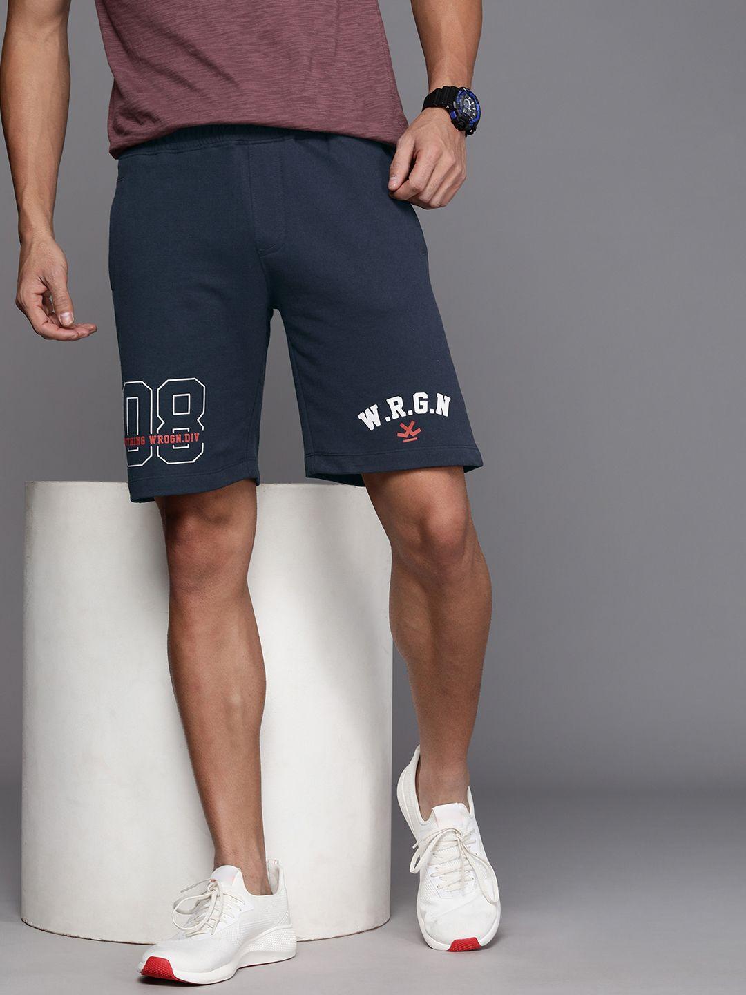 wrogn men navy typography printed mid rise above knee shorts