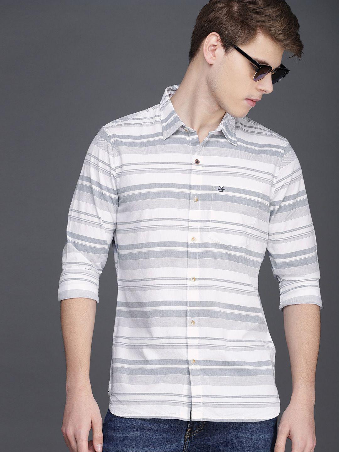 wrogn men off-white & grey slim fit striped casual shirt