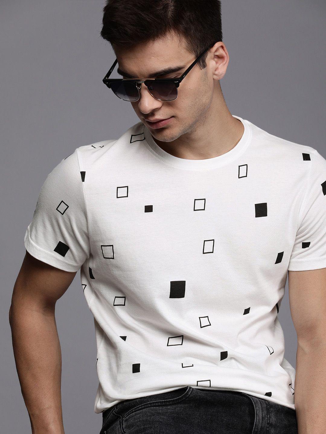 wrogn men off-white  black slim fit printed round neck pure cotton t-shirt