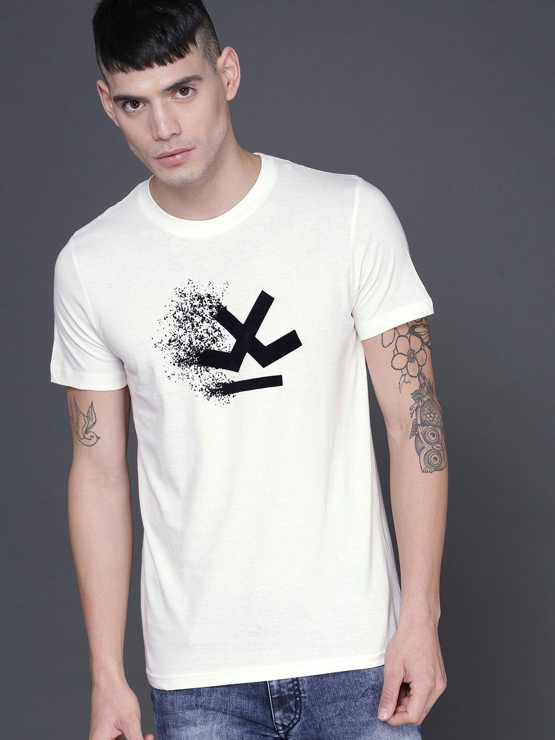 wrogn men off-white printed round neck pure cotton t-shirt