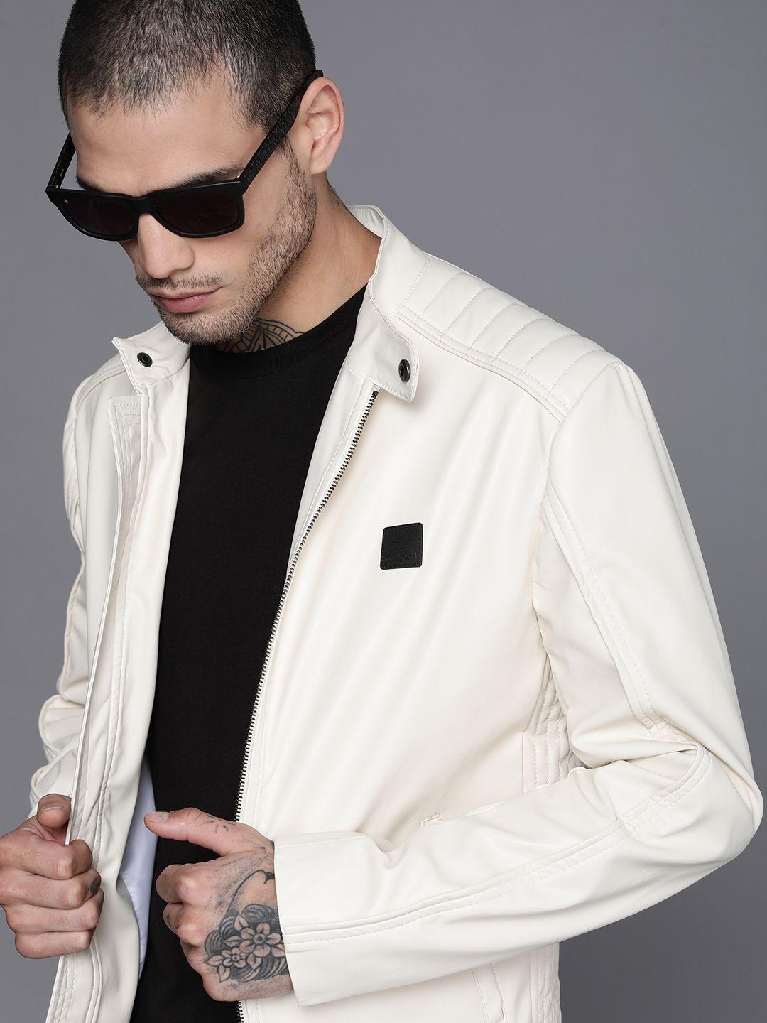 wrogn men off-white solid open front jacket