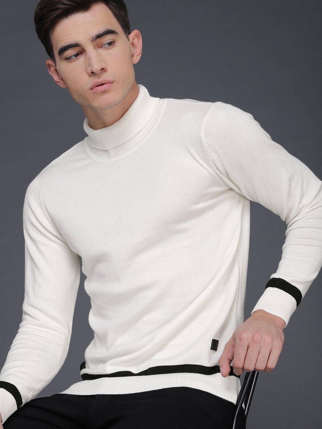 wrogn men off-white solid slim fit pullover sweater