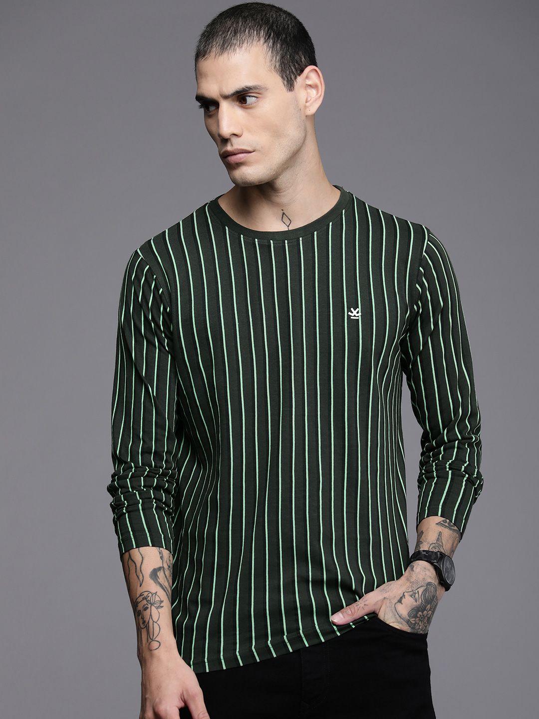 wrogn men olive green & black striped pure cotton slim fit t-shirt