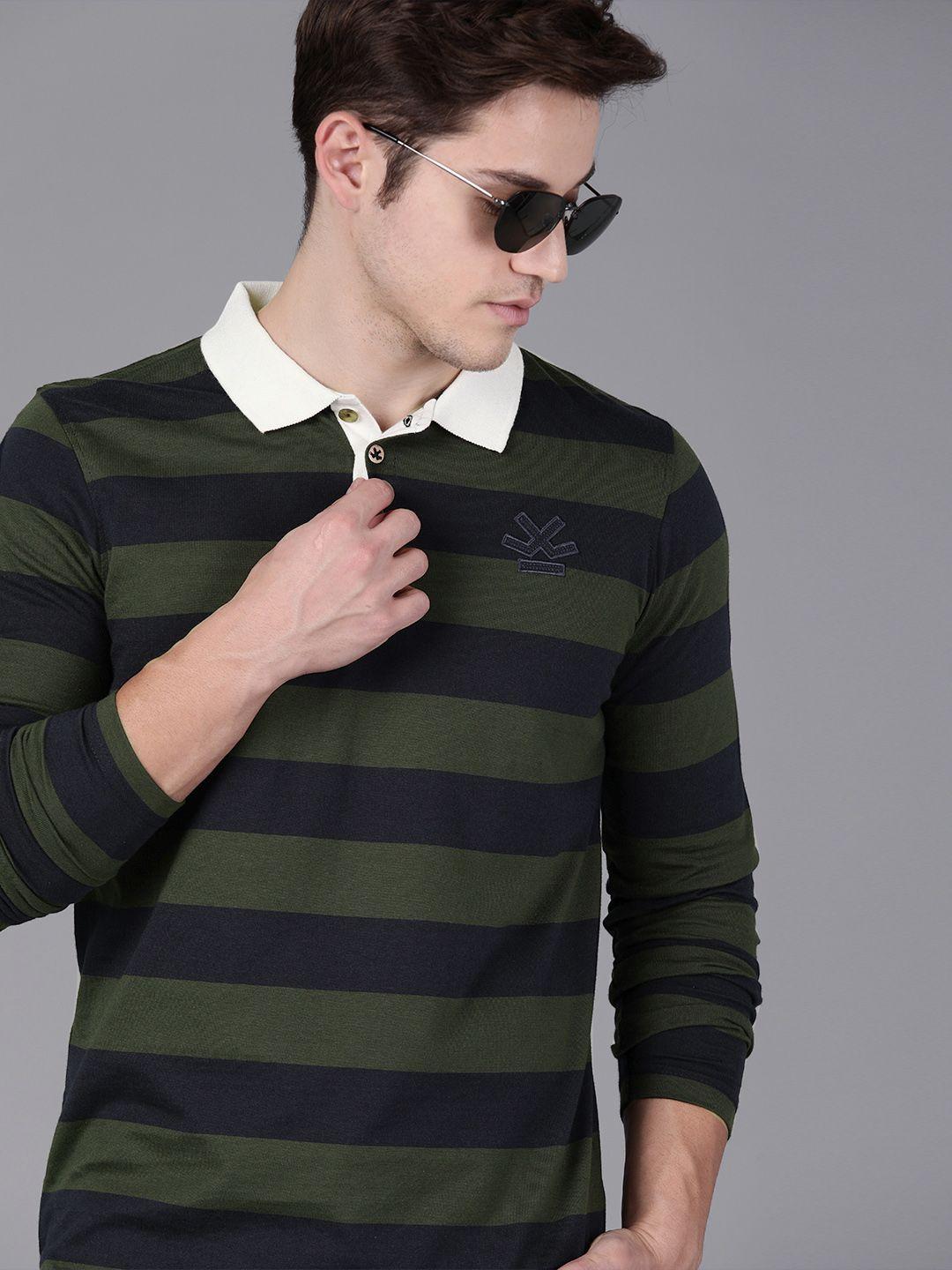 wrogn men olive green & navy blue striped polo collar t-shirt