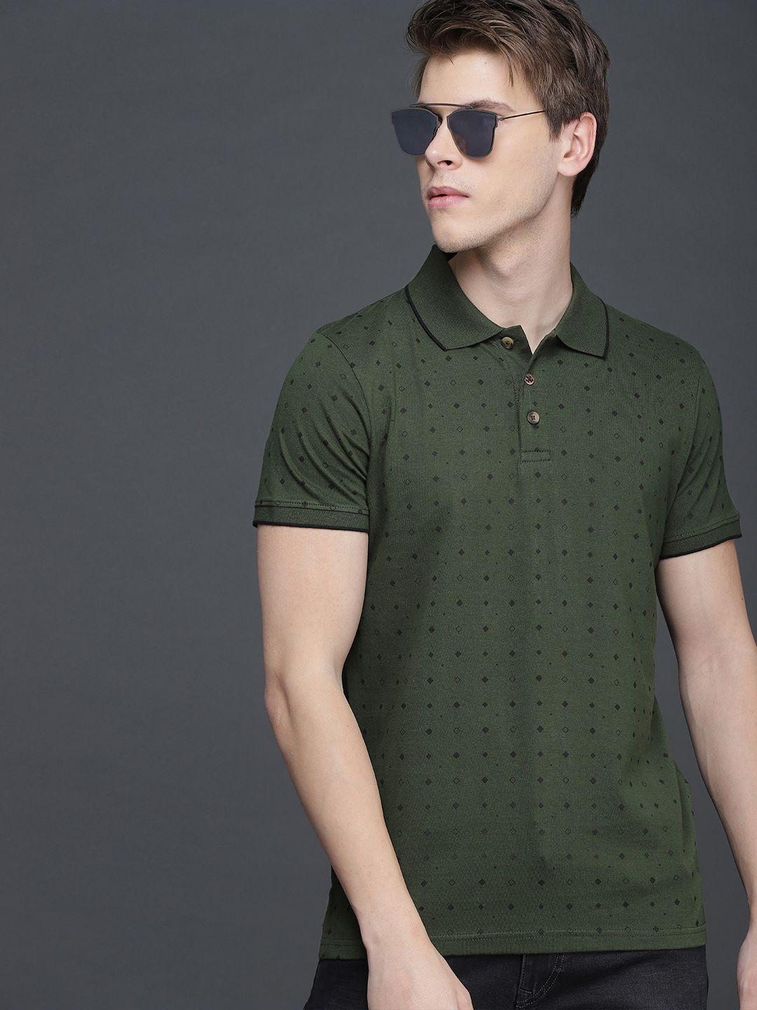 wrogn men olive green  black slim fit printed polo collar pure cotton t-shirt