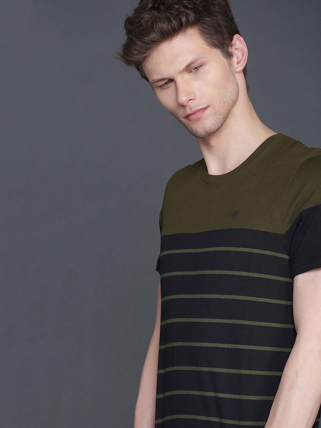 wrogn men olive green  black striped round neck pure cotton t-shirt