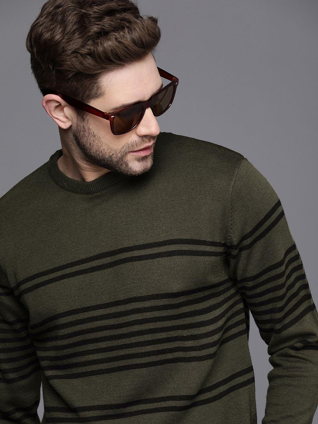 wrogn men olive green colourblocked pullover