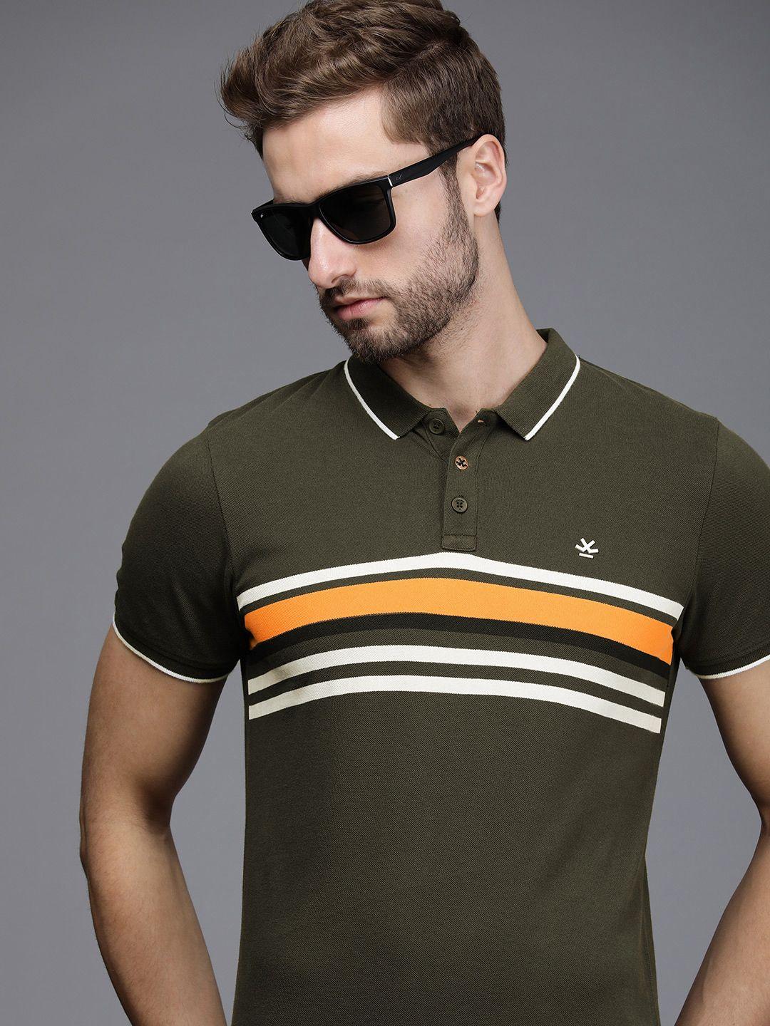 wrogn men olive green multi stripes polo collar pure cotton applique slim fit t-shirt