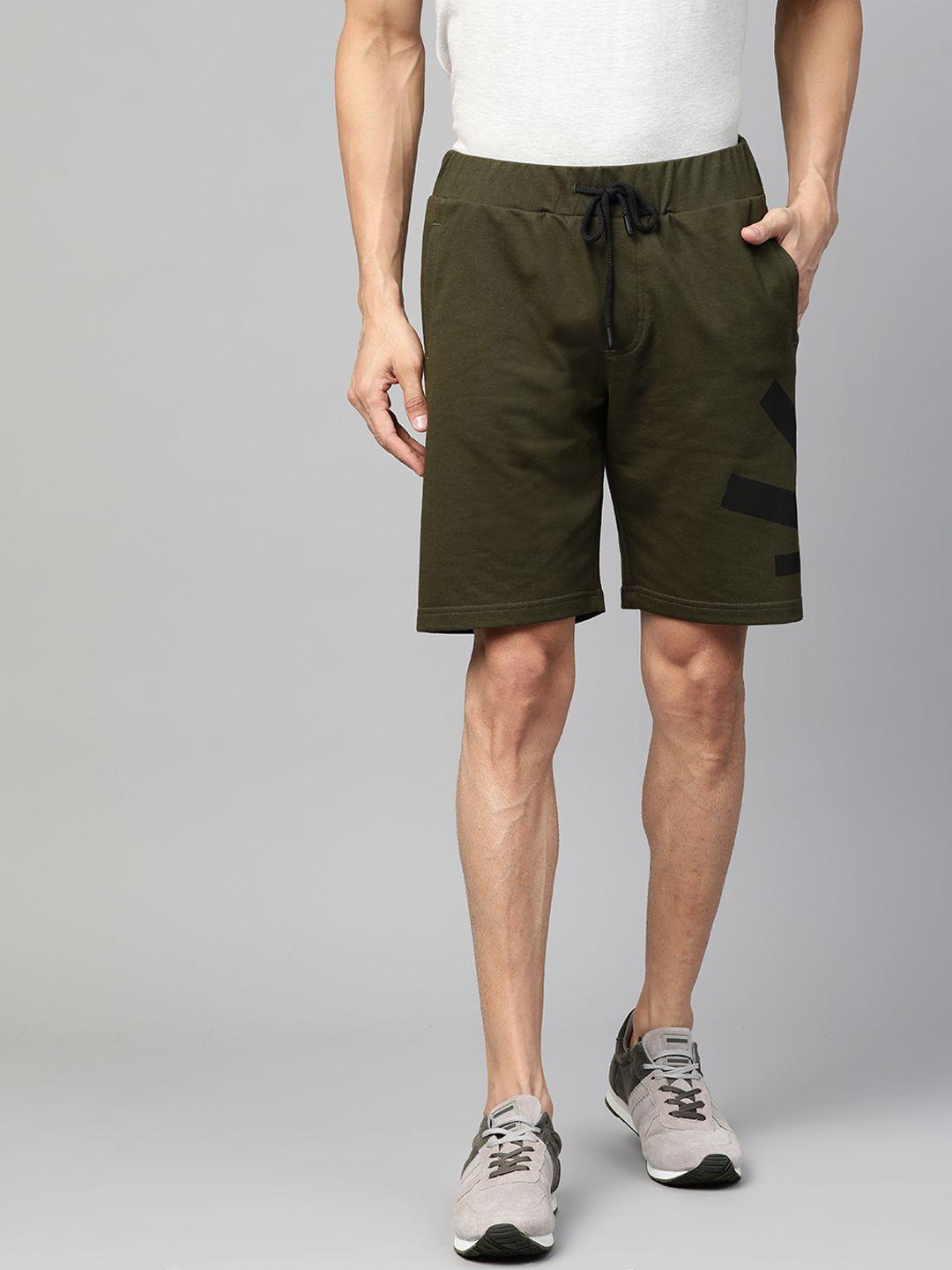 wrogn men olive green printed detail regular shorts