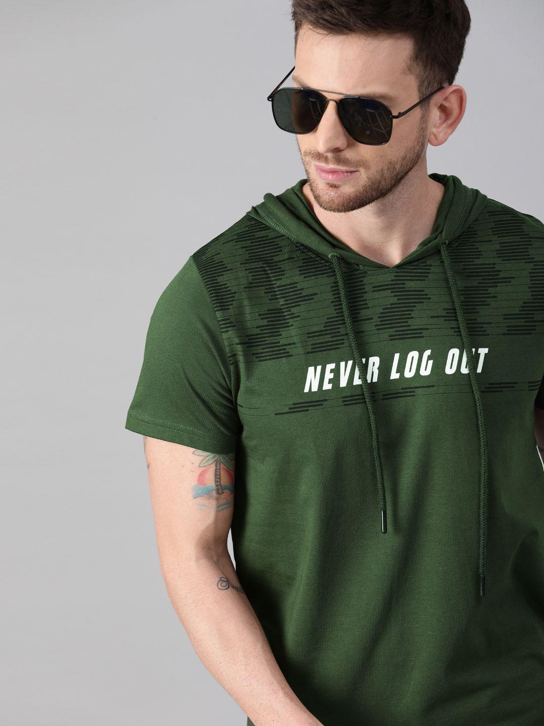 wrogn men olive green printed hood t-shirt