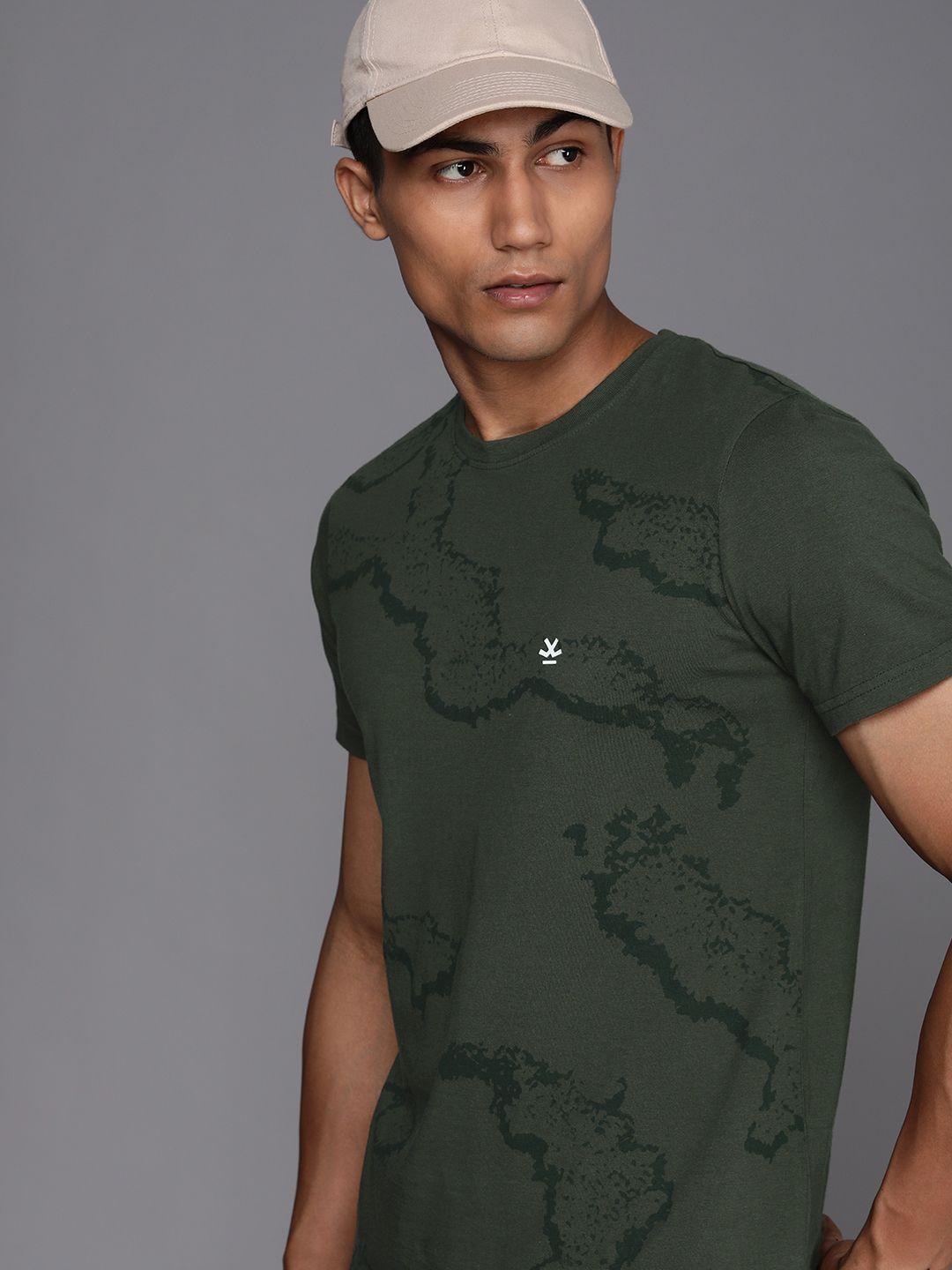 wrogn men olive green printed pure cotton slim fit t-shirt