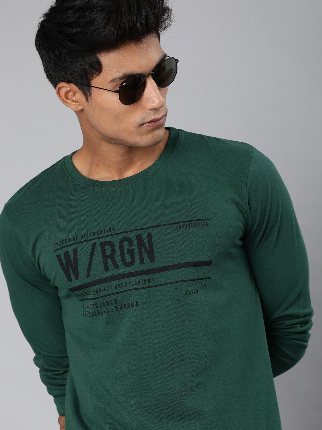 wrogn men olive green printed round neck pure cotton t-shirt