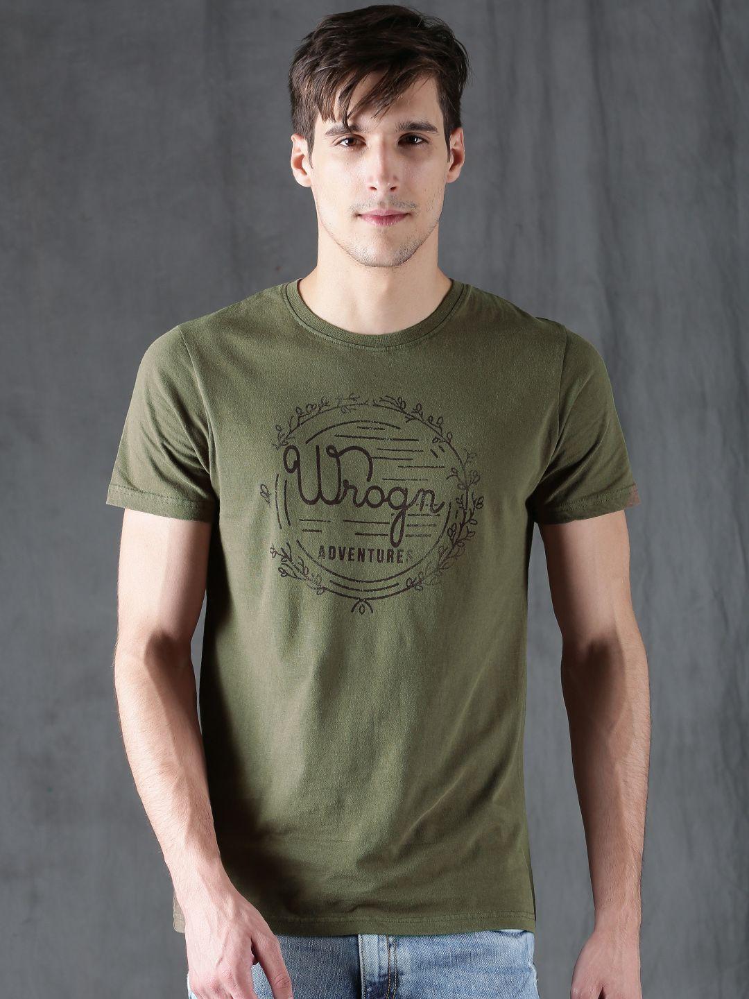 wrogn men olive green printed round neck pure cotton t-shirt