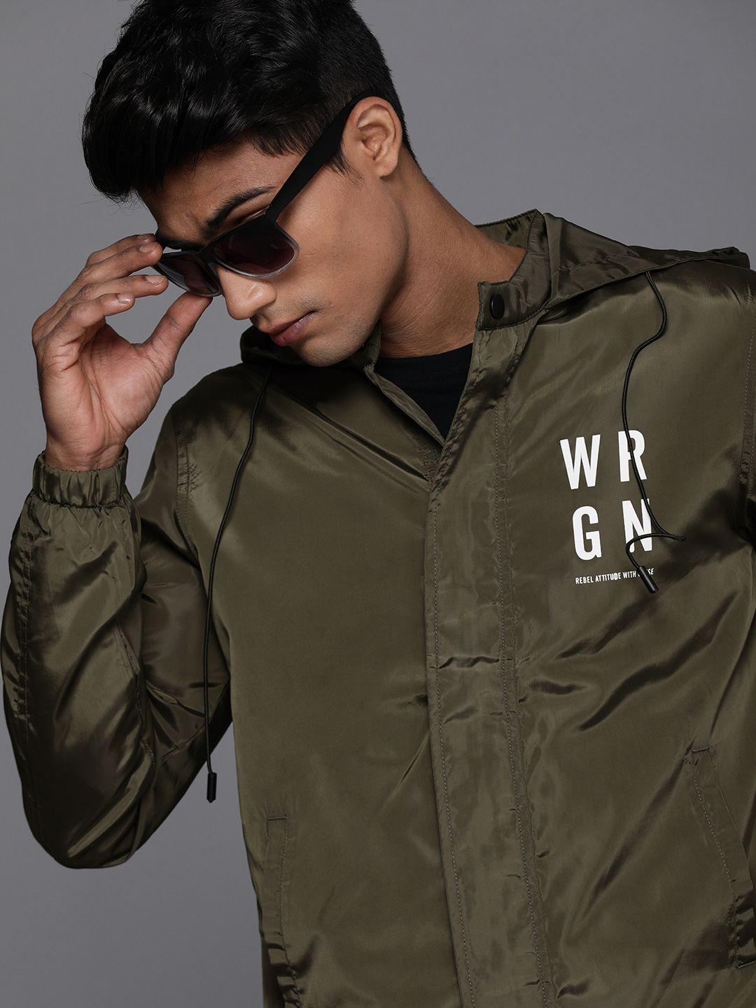 wrogn men olive green printed slim fit hooded tailored jacket