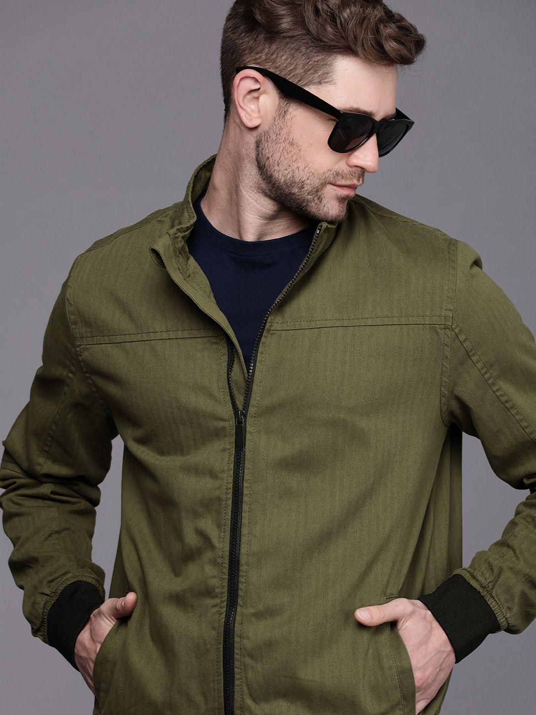 wrogn men olive green pure cotton bomber jacket