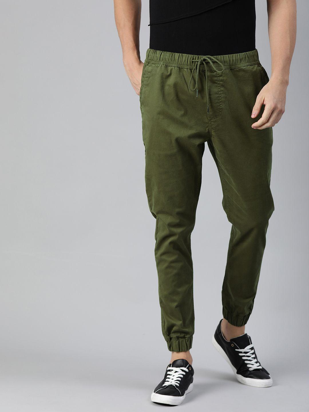 wrogn men olive green regular fit solid joggers