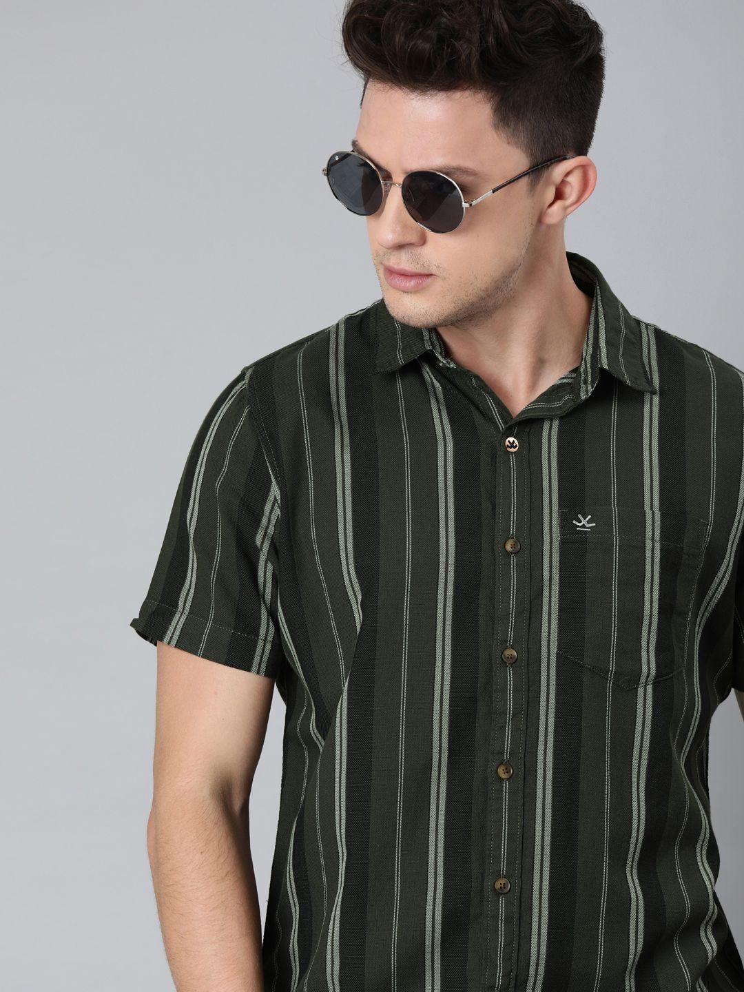 wrogn men olive green regular fit striped casual shirt