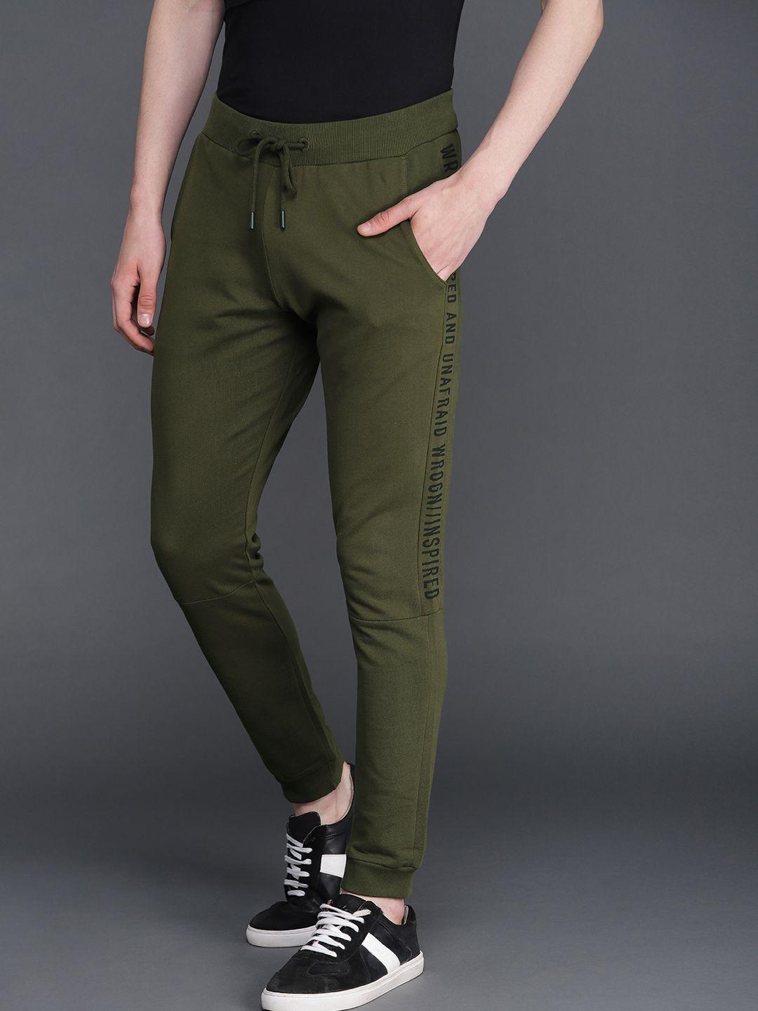 wrogn men olive green slim fit joggers