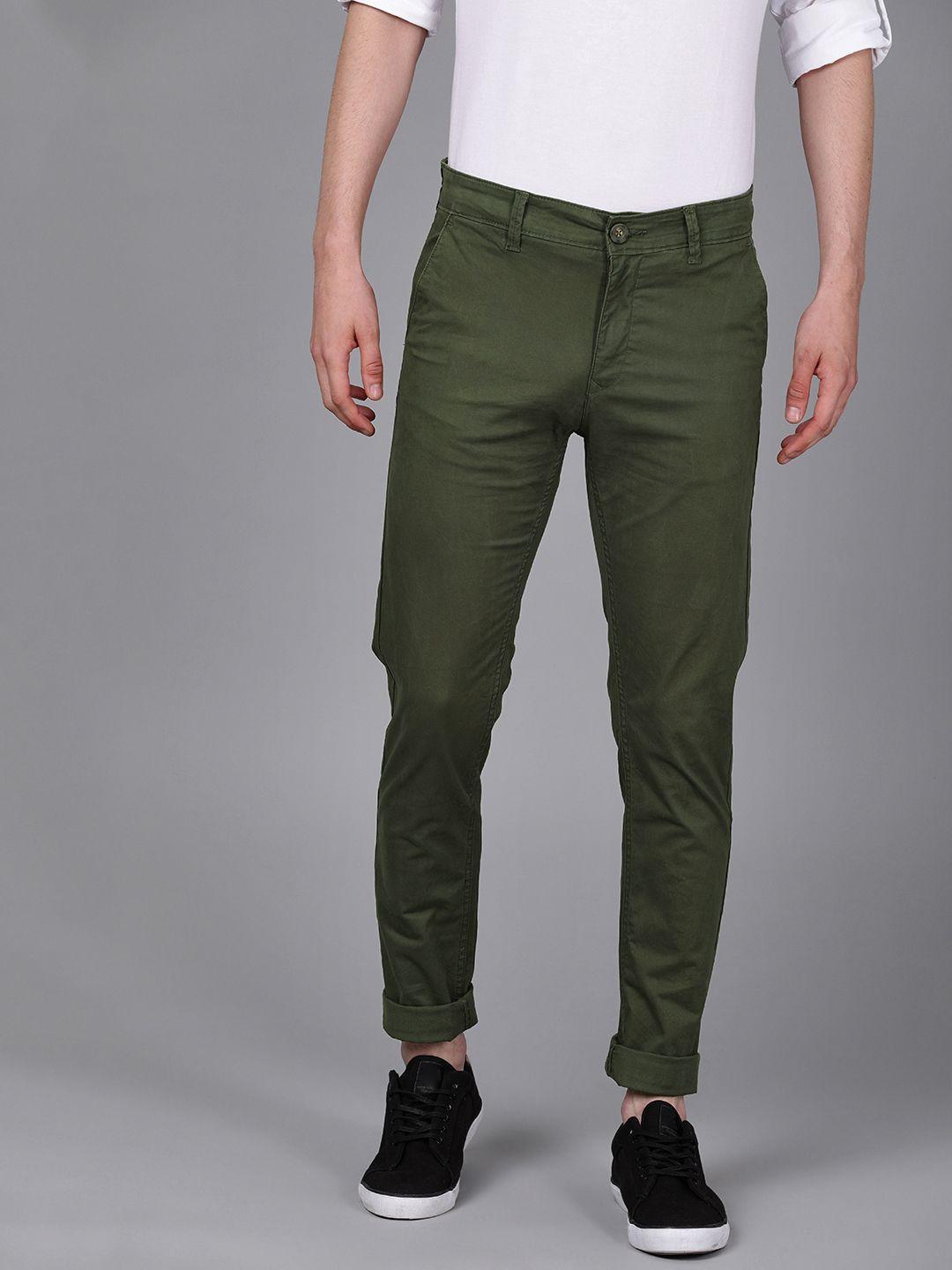 wrogn men olive green slim fit pure cotton chinos