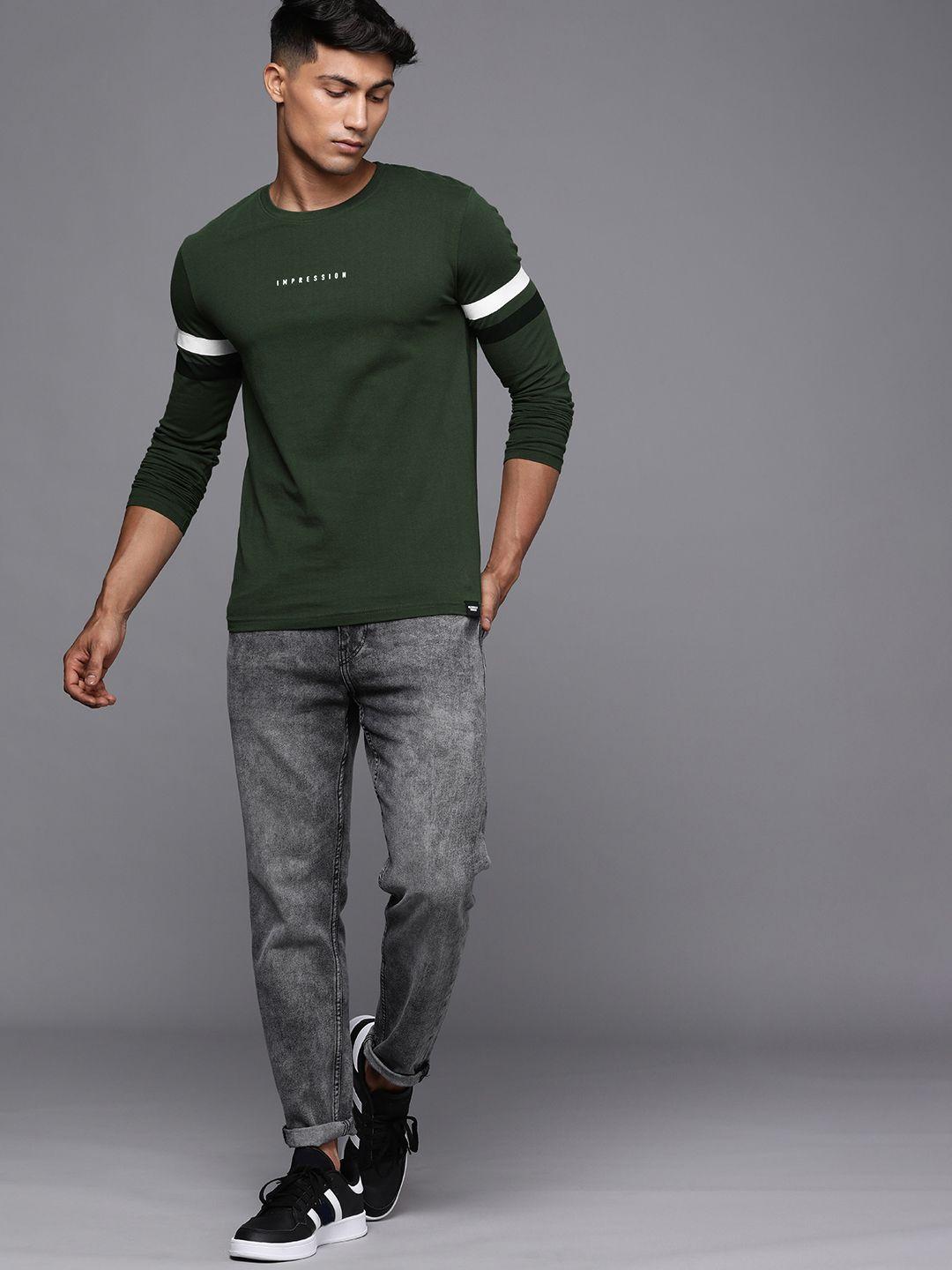 wrogn men olive green slim fit pure cotton t-shirt