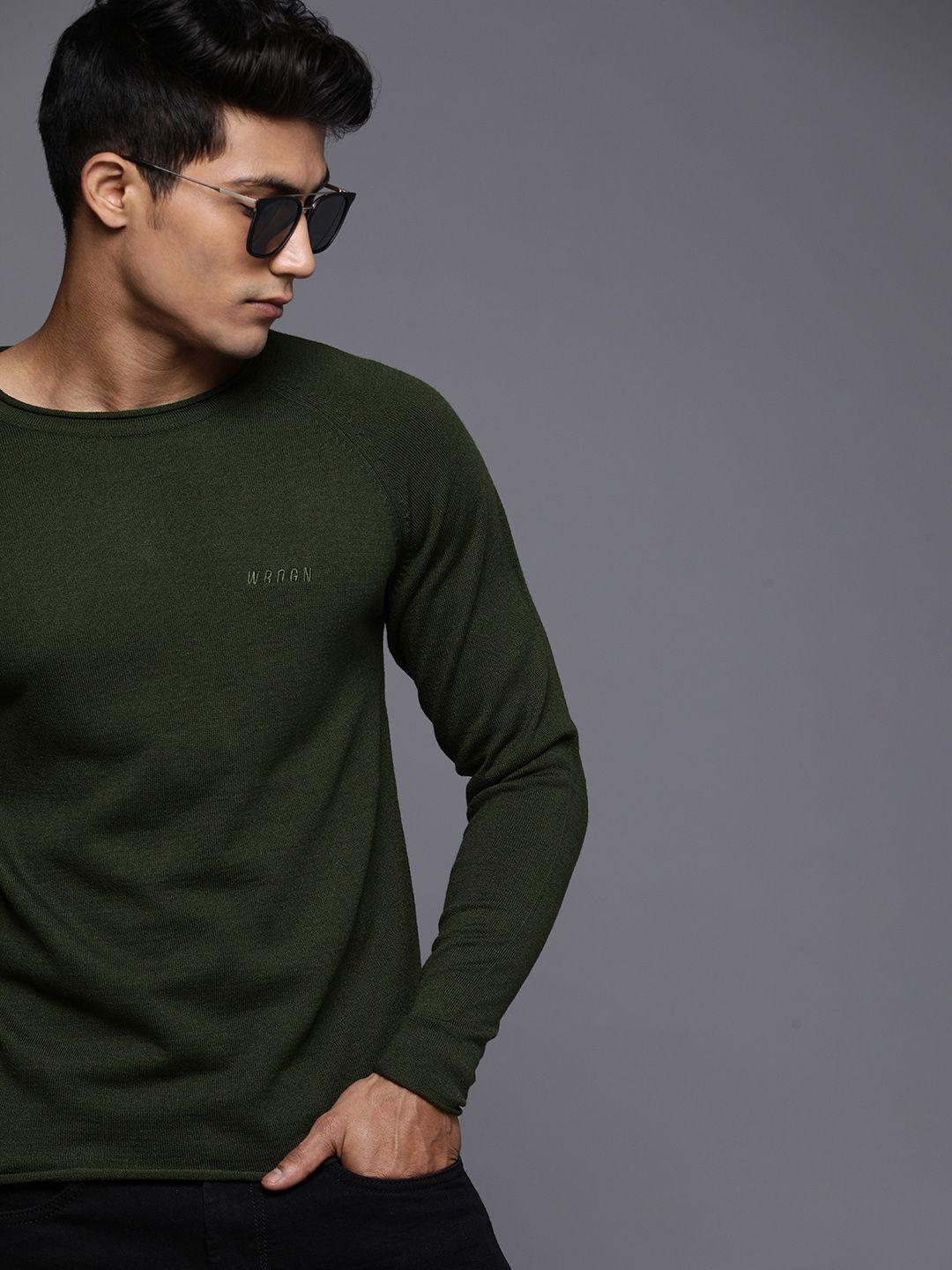 wrogn men olive green slim fit solid acrylic pullover