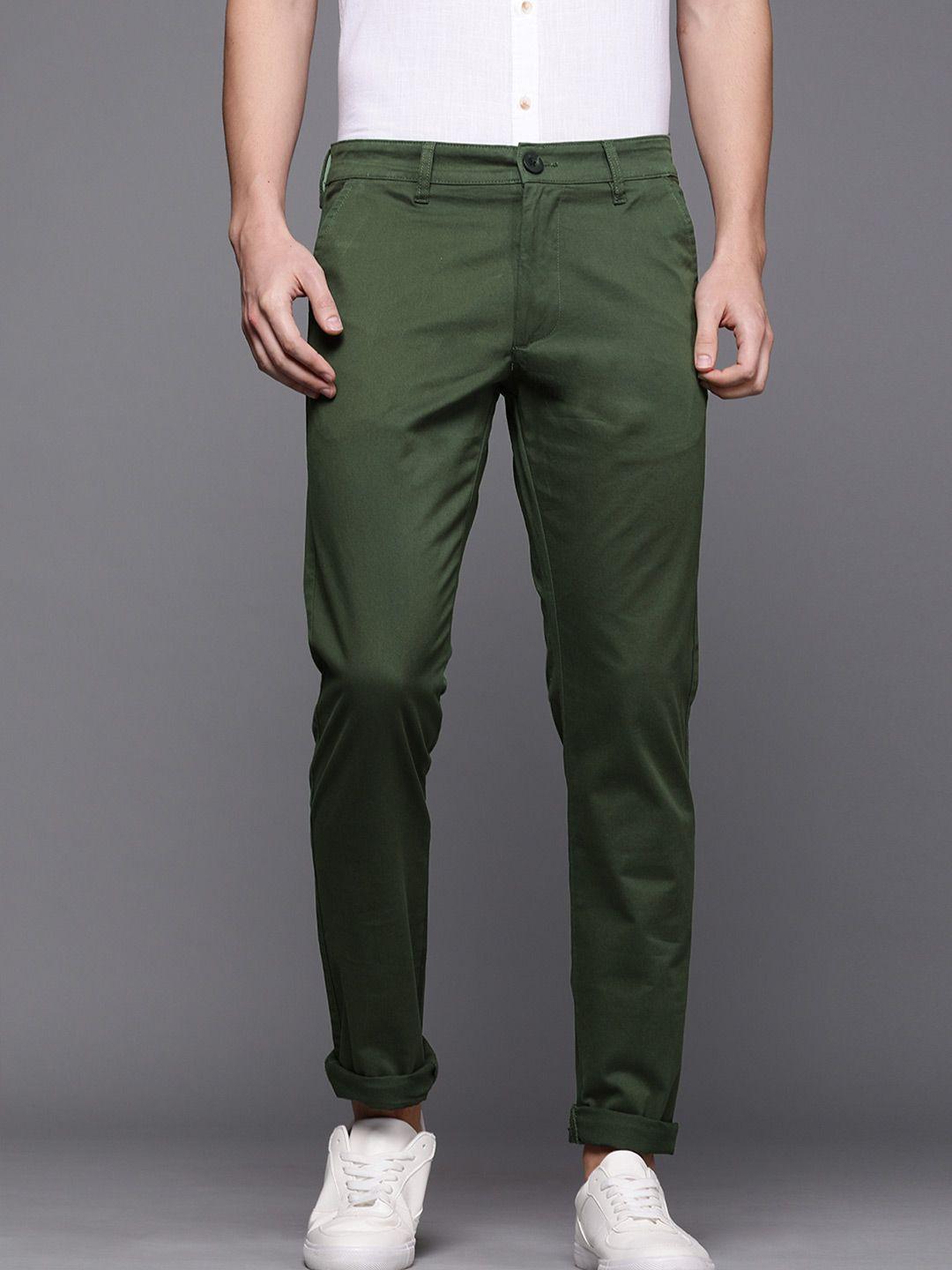 wrogn men olive green slim fit solid chinos