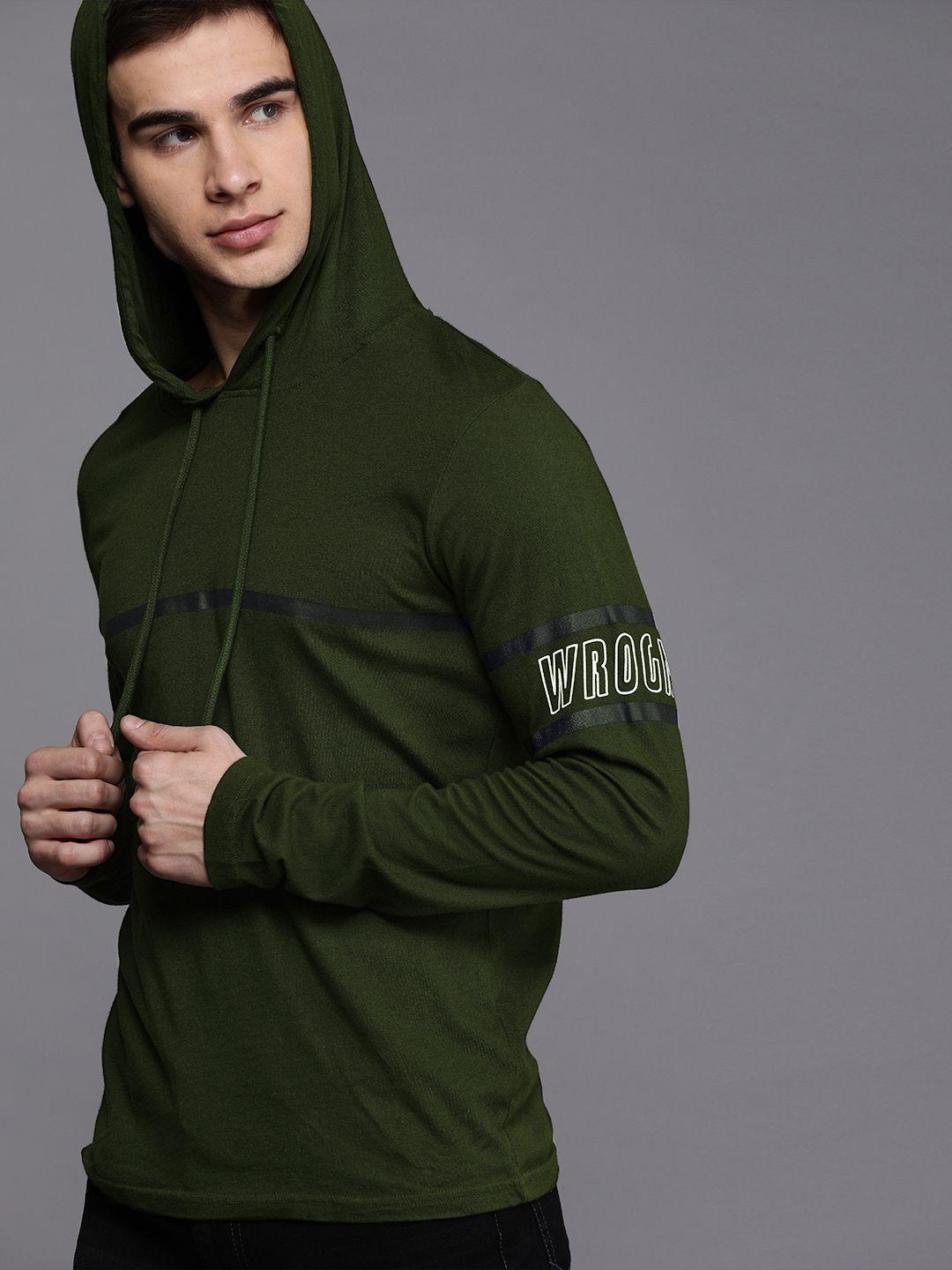 wrogn men olive green slim fit solid hood pure cotton t-shirt with striped detail