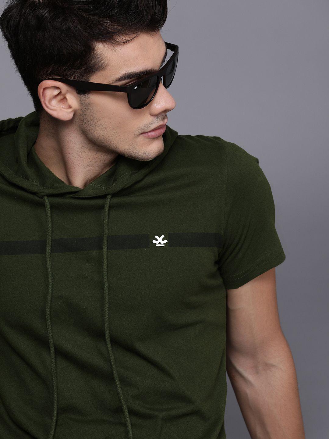 wrogn men olive green slim fit solid hooded pure cotton t-shirt