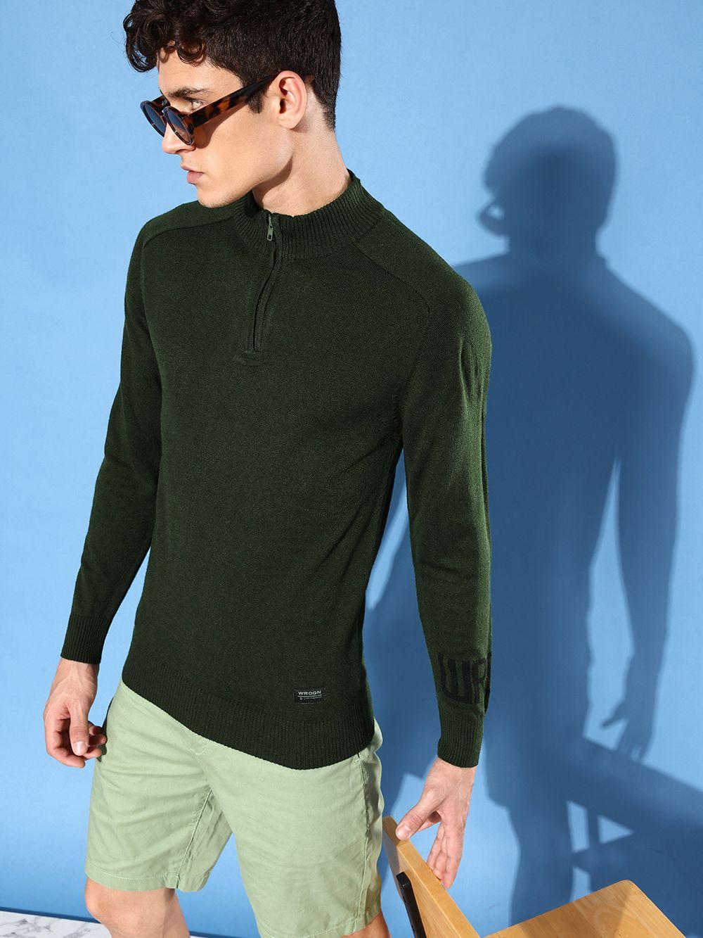 wrogn men olive green solid henley-neck pullover sweater