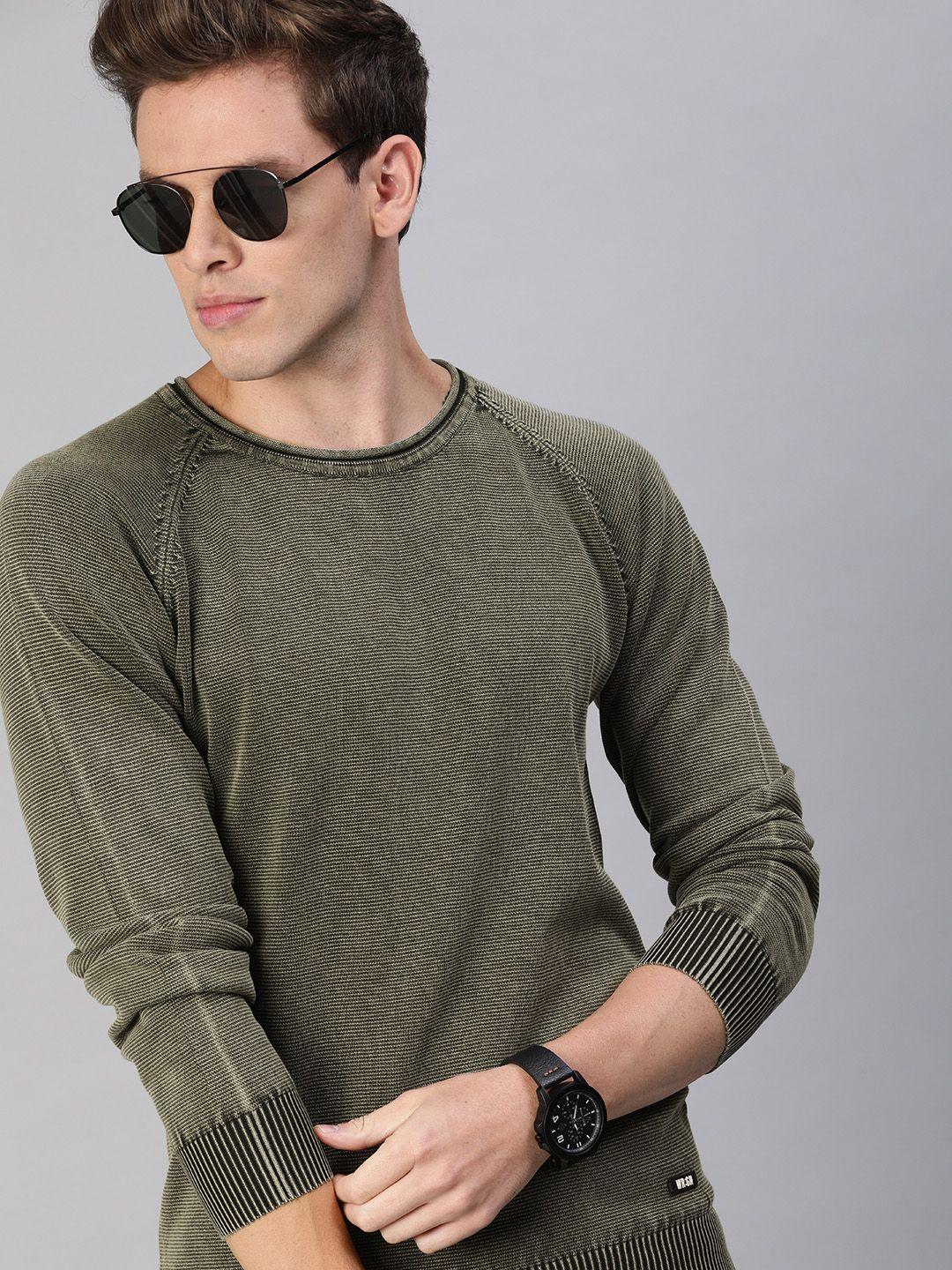 wrogn men olive green solid pullover sweater