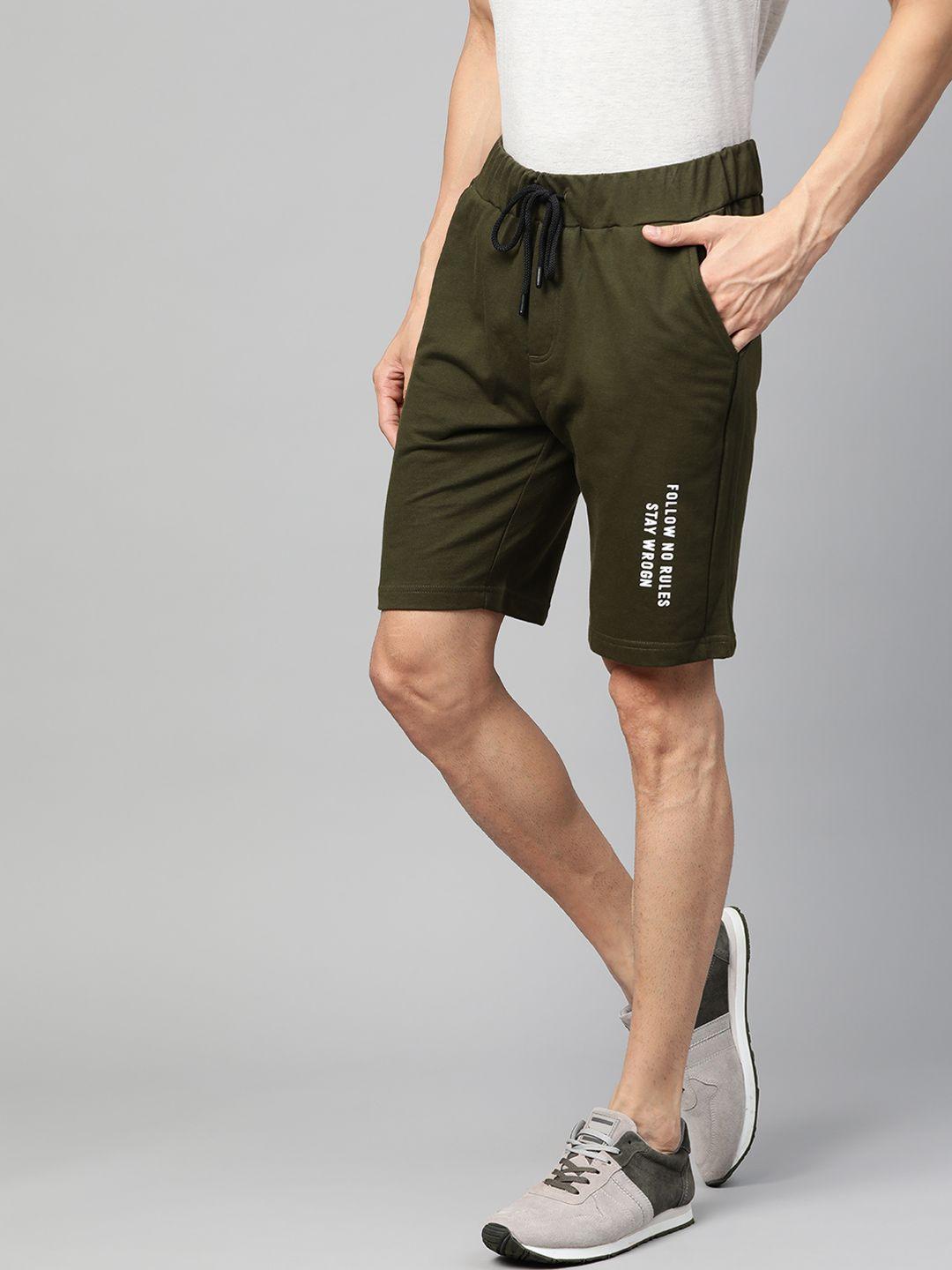 wrogn men olive green solid regular shorts