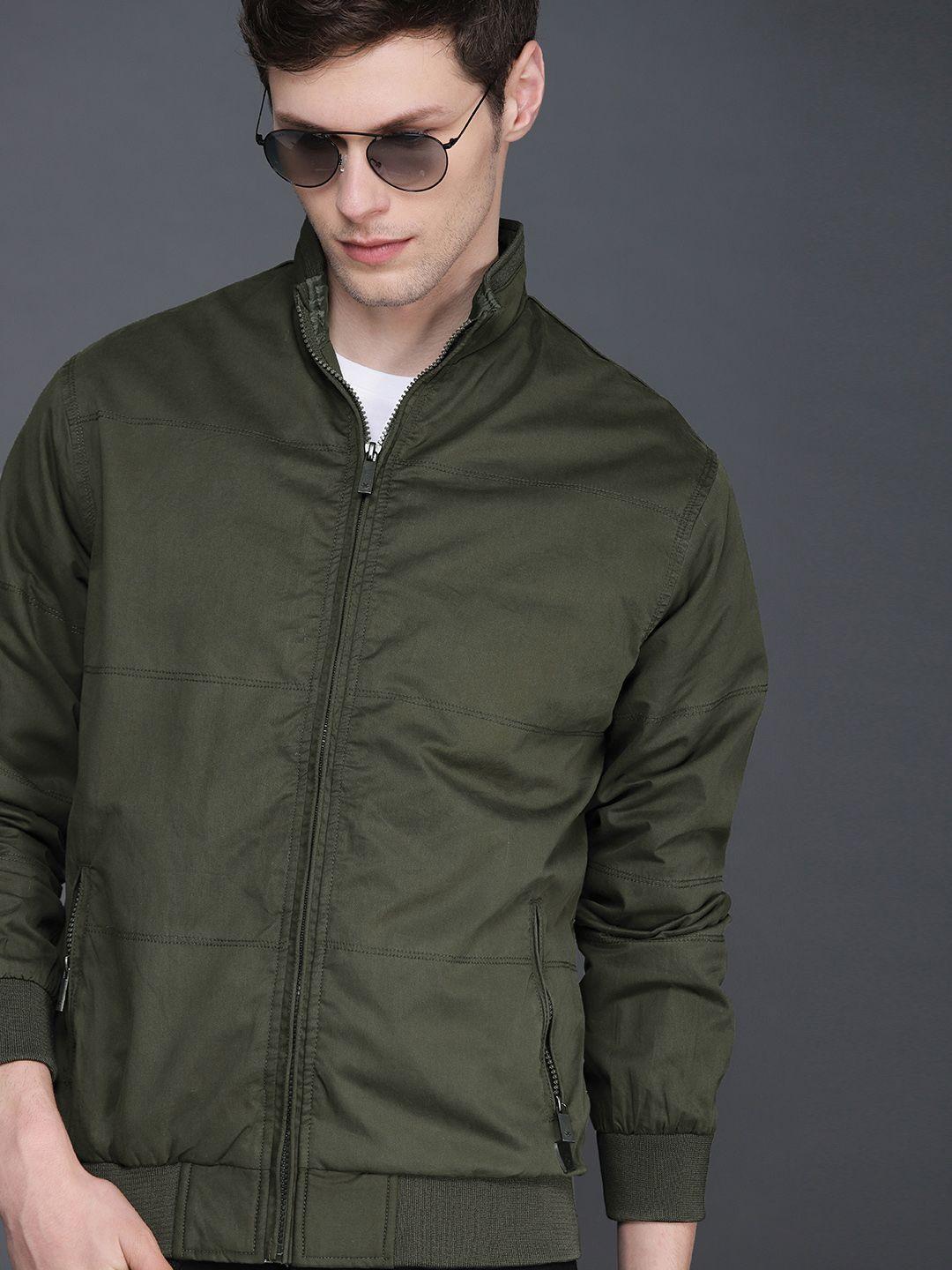 wrogn men olive green solid slim fit bomber jacket