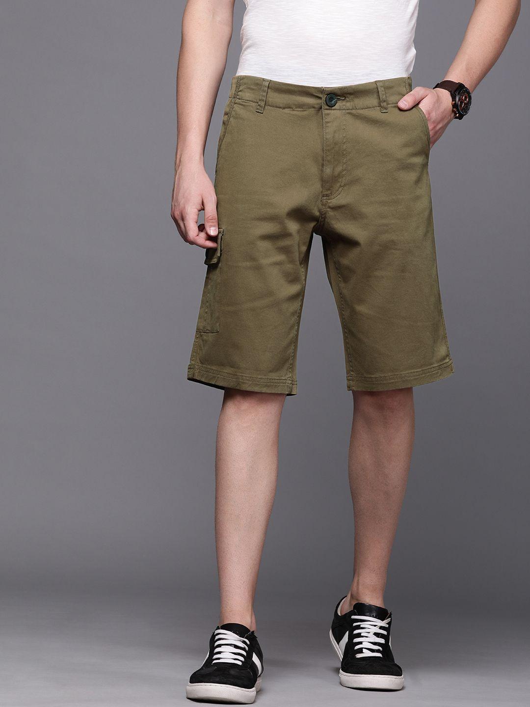 wrogn men olive green solid slim fit chino shorts