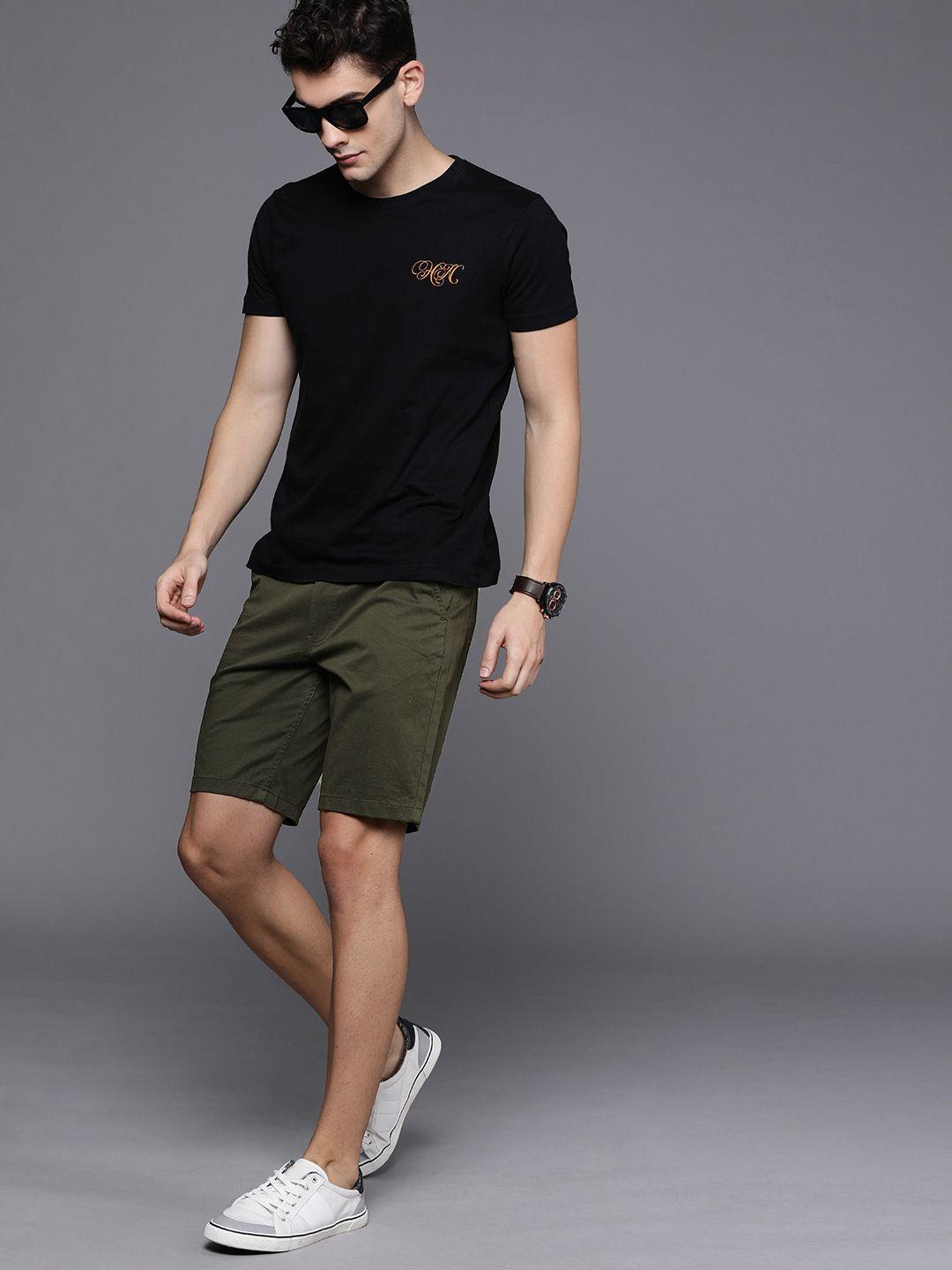 wrogn men olive green solid slim fit chino shorts