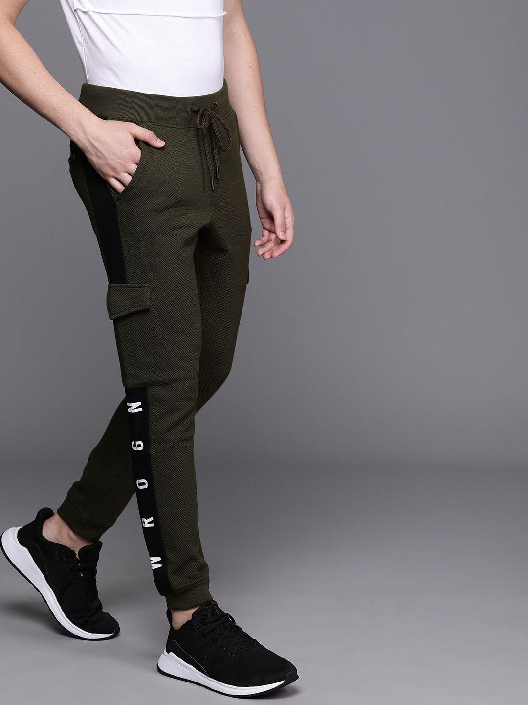 wrogn men olive green solid slim fit joggers